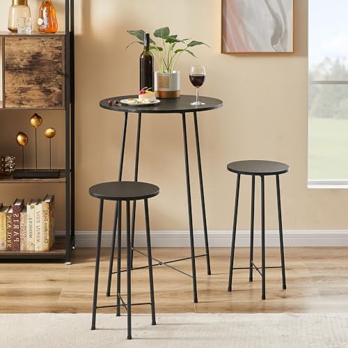 VECELO 3 Piece Sets, Round Bistro Table and Chairs Set of 2, Counter Height Wood top,Small Spaces Saving for Dining Room Breakfast, Bar, Black