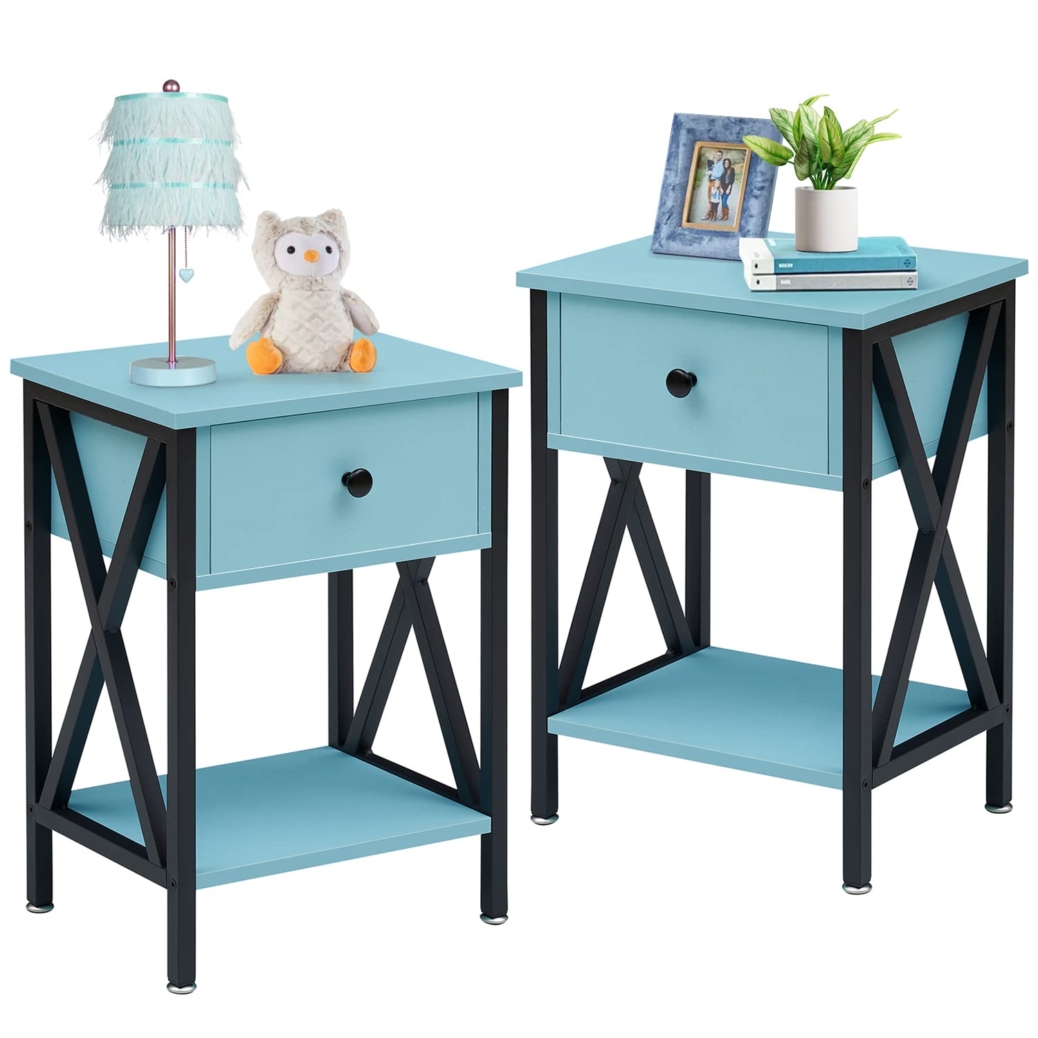 VECELO End Tables, Modern Nightstand with Drawer & Shelf, Night Stand for Bedroom Living Room,Industrial Metal Frame