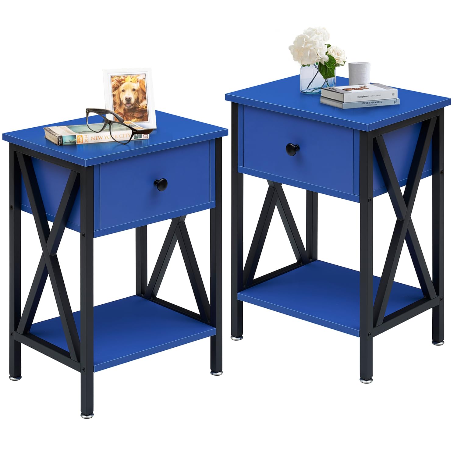 VECELO End Tables, Modern Nightstand with Drawer & Shelf, Night Stand for Bedroom Living Room,Industrial Metal Frame