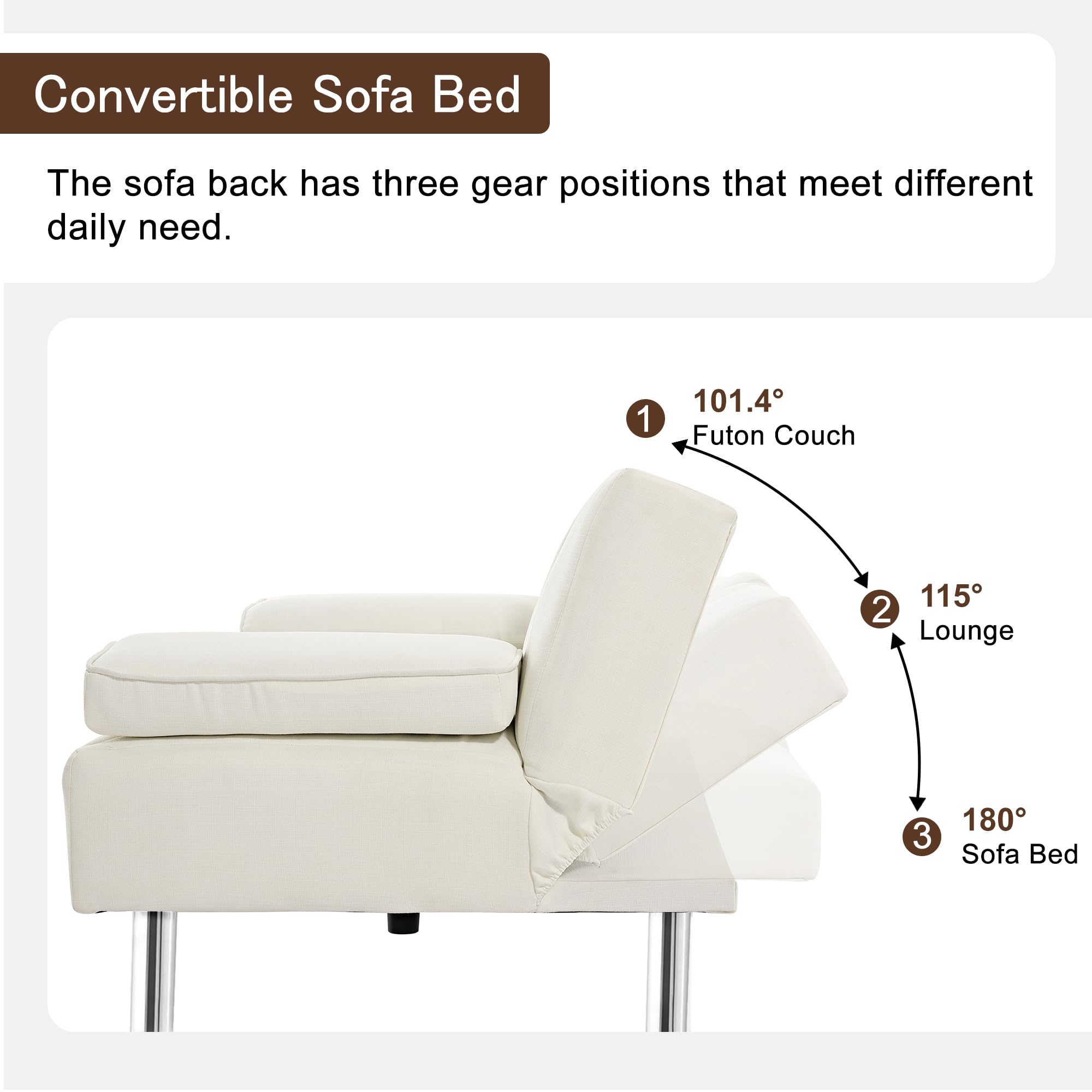 VECELO Modern Convertible Folding Futon Sofa Bed with Removable Armrests Breathable Linen Recliner Couch for Living Room/Apartment Lounge, 2 Cup Holders, White