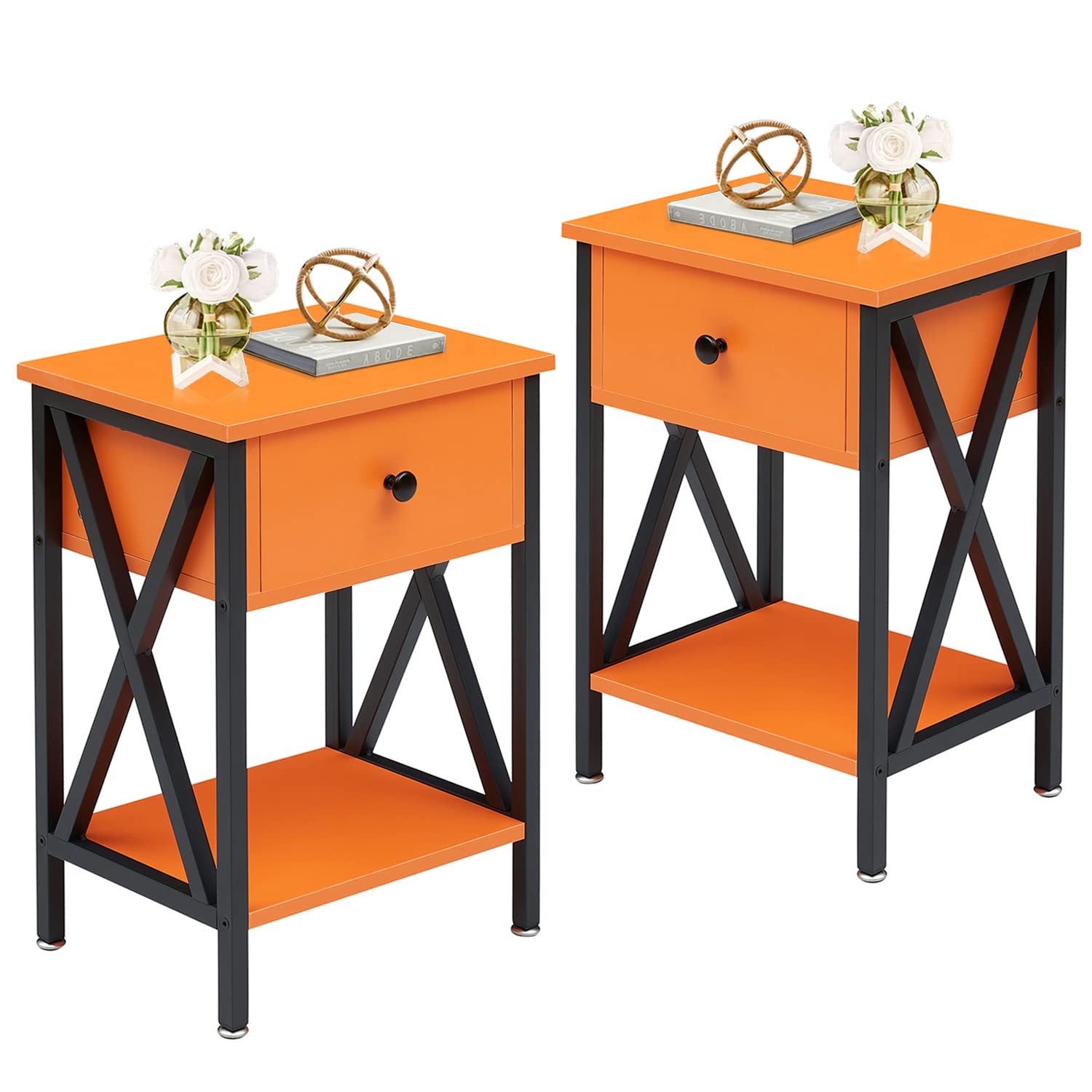 VECELO End Tables, Modern Nightstand with Drawer & Shelf, Night Stand for Bedroom Living Room,Industrial Metal Frame