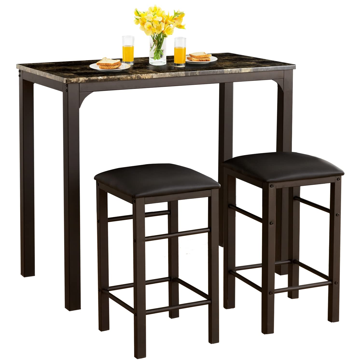 VECELO Bar Table Stools, 3 Pieces Rectangular Kitchen Height Pub Tabletop Living Party Room Bistro, Dining Set for 2, Retro Blk