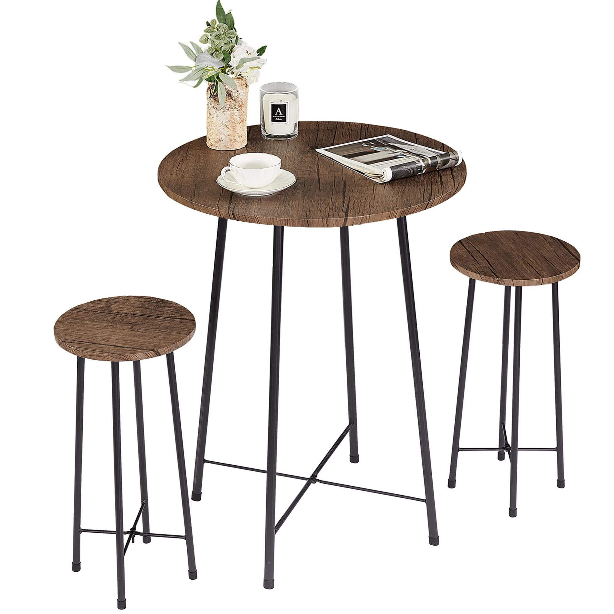 VECELO 3-Piece Table Sets, Round Bistro Pub Furniture and Chairs Set of 2, Counter Height Wood top,Small Spaces Saving for Dining Room Breakfast, Coffee