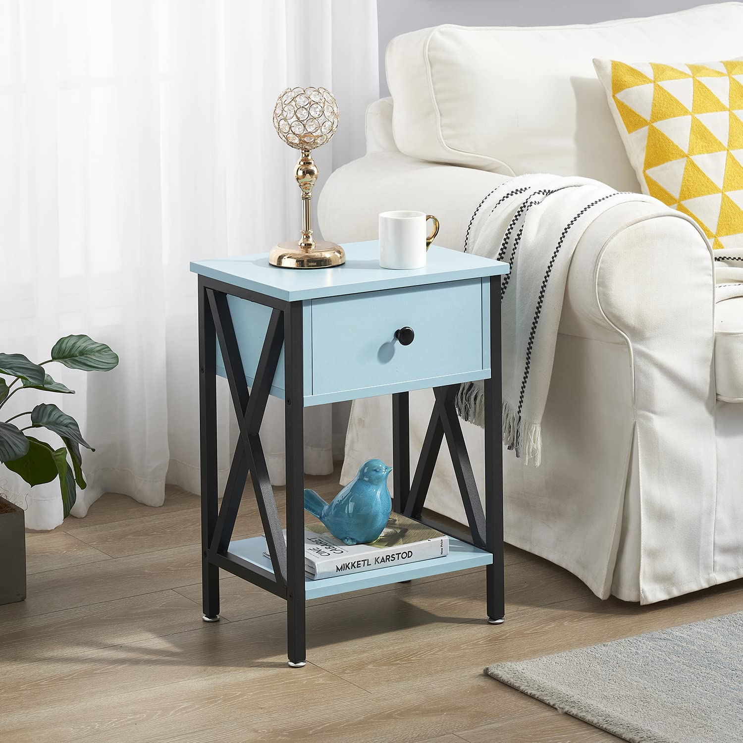 VECELO End Tables, Modern Nightstand with Drawer & Shelf, Night Stand for Bedroom Living Room,Industrial Metal Frame