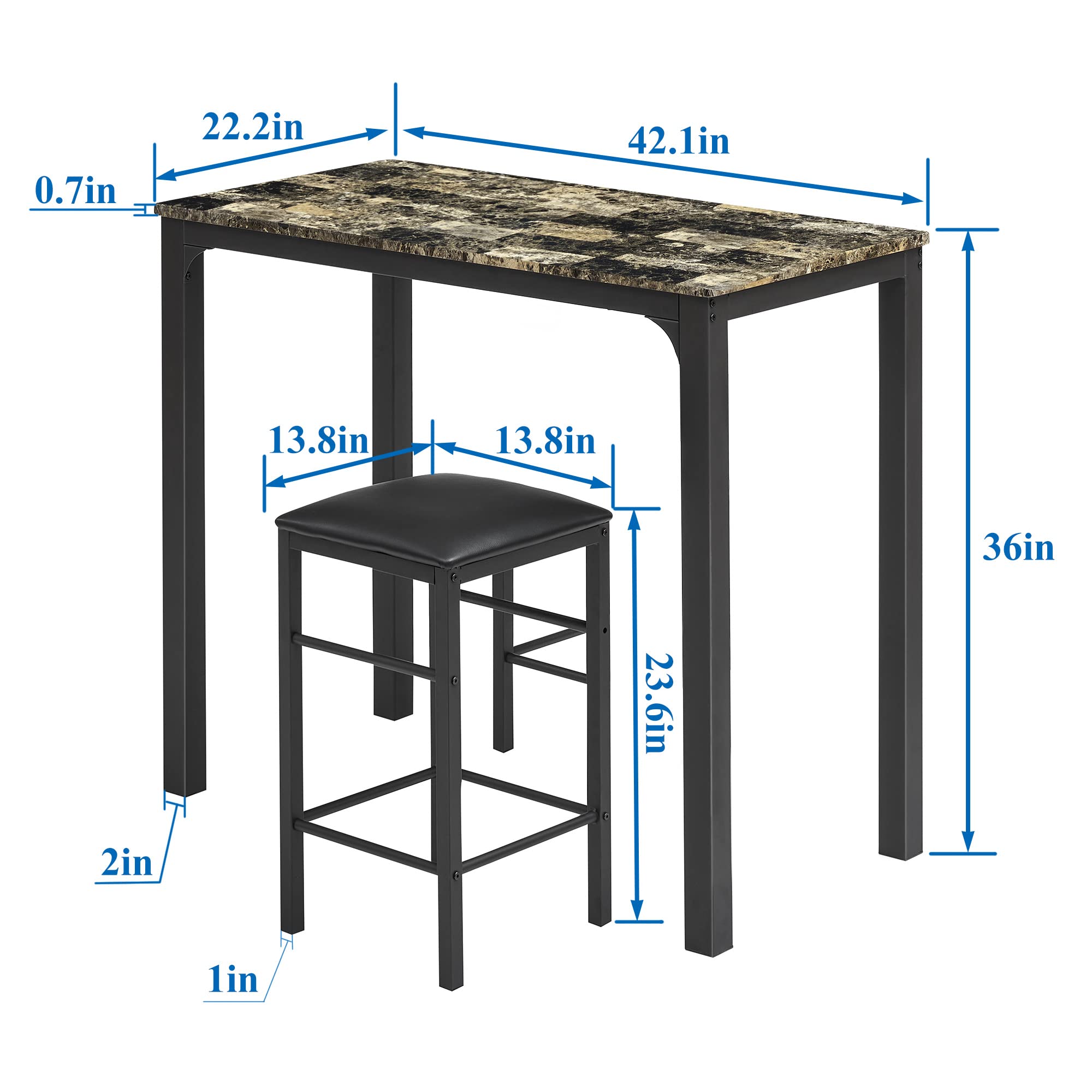 VECELO Bar Table Stools, 3 Pieces Rectangular Kitchen Height Pub Tabletop Living Party Room Bistro, Dining Set for 2, Retro Blk