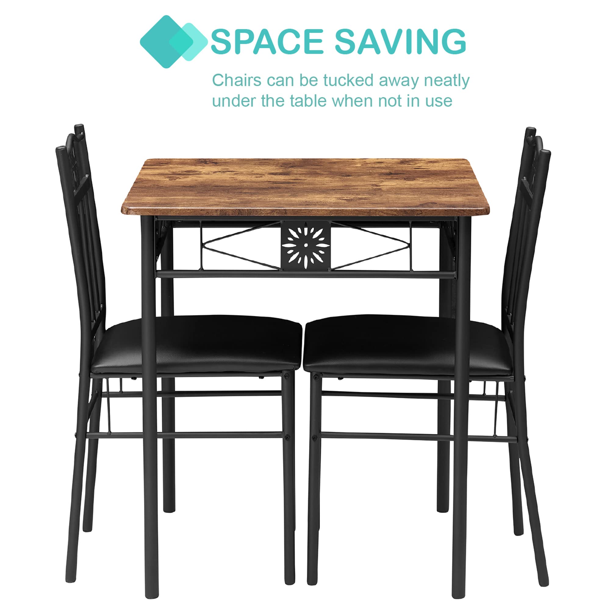 VECELO Small Dining Table Set for 2, 3 Piece Kitchen Bar Dinette Square, with PU Padded Chairs, Retro-Brown