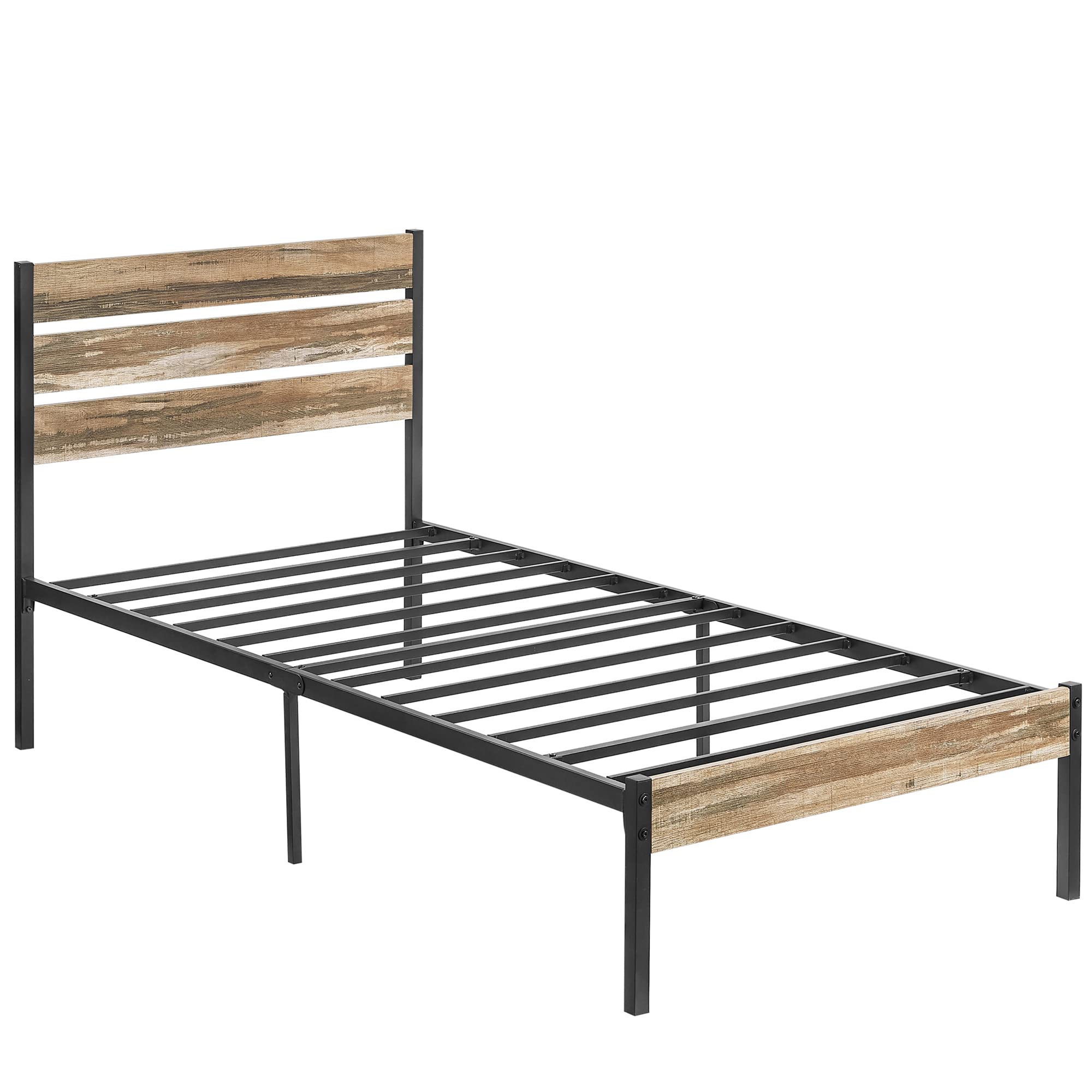 VECELO Platform Twin Bed Frame with Rustic Vintage Wood Headboard and Footboard, Mattress Foundation, Strong Metal Slats Support, No Box Spring Needed