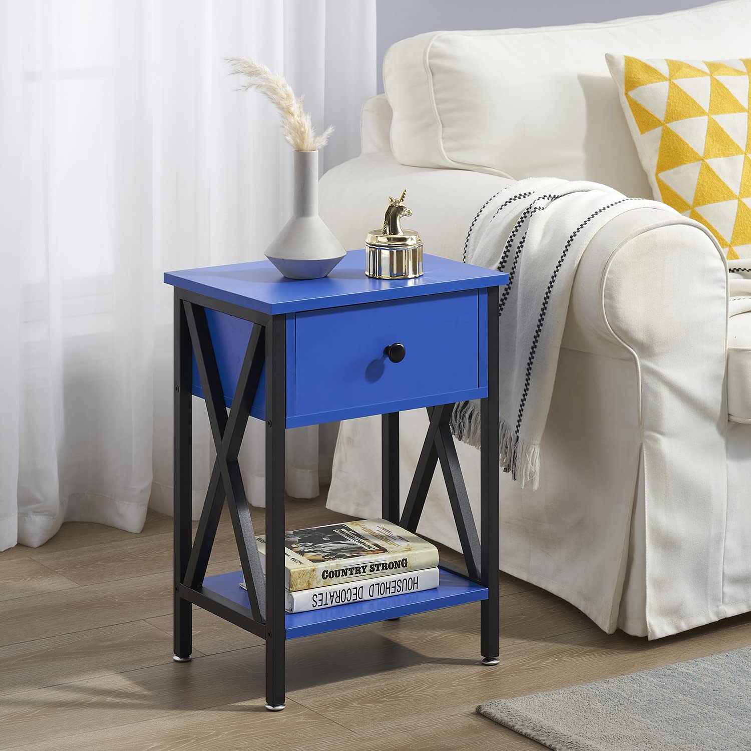 VECELO End Tables, Modern Nightstand with Drawer & Shelf, Night Stand for Bedroom Living Room,Industrial Metal Frame