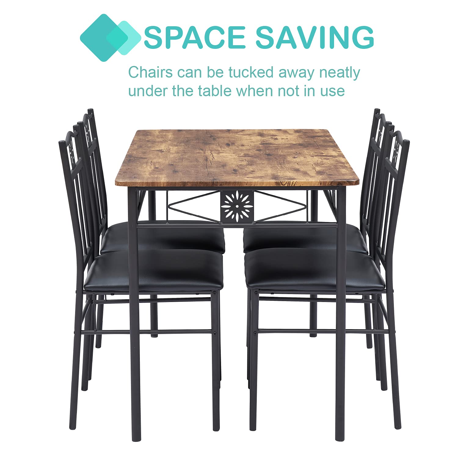 VECELO Kitchen Dining Room Table Sets for 4, 5 Piece Metal and Wood Rectangular Breakfast Nook, Dinette with Chairs, 42x31.4x30 inches,15.7x15.9x33.8 inches, Retro-Brown