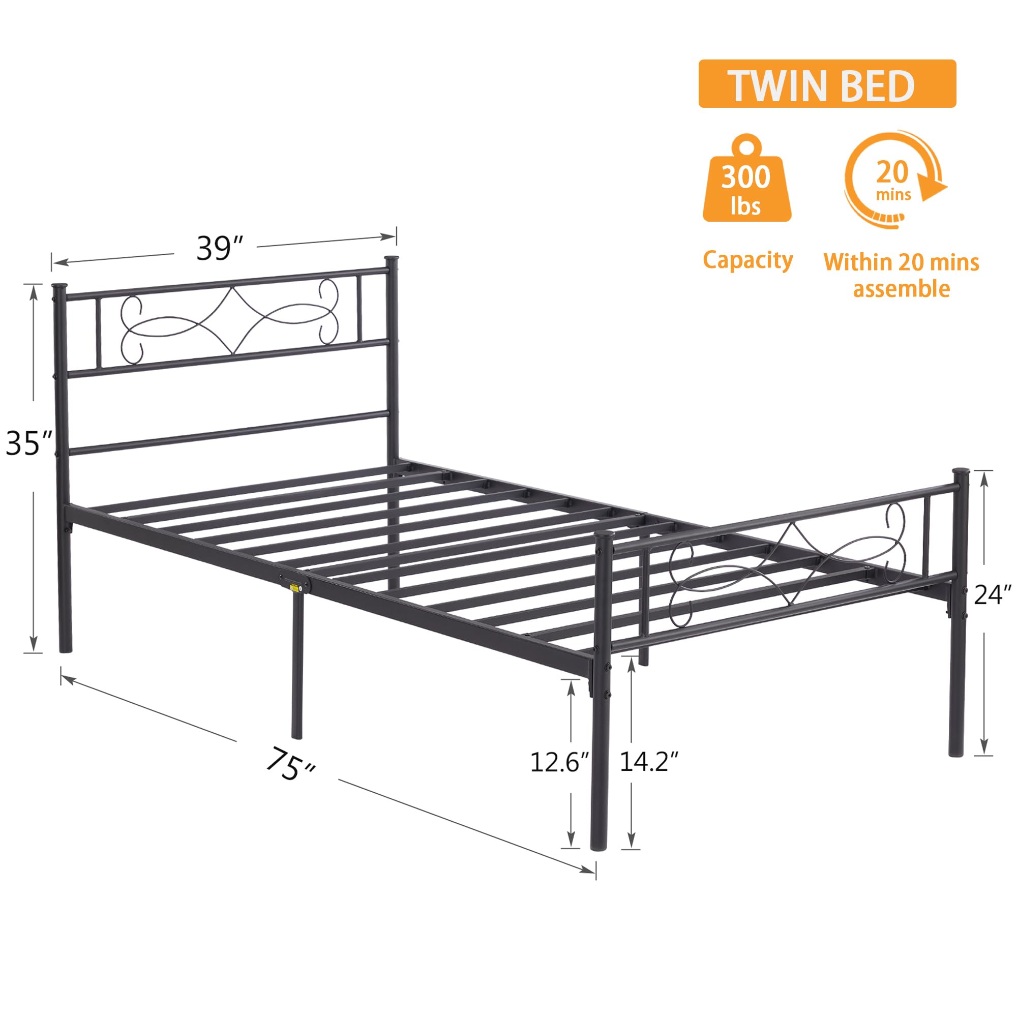 VECELO Twin Size Bed Frame Metal Platform/Mattress Foundation with headboard Footboard/Steel Slat Support/No Box Spring Needed/Easy Assembly