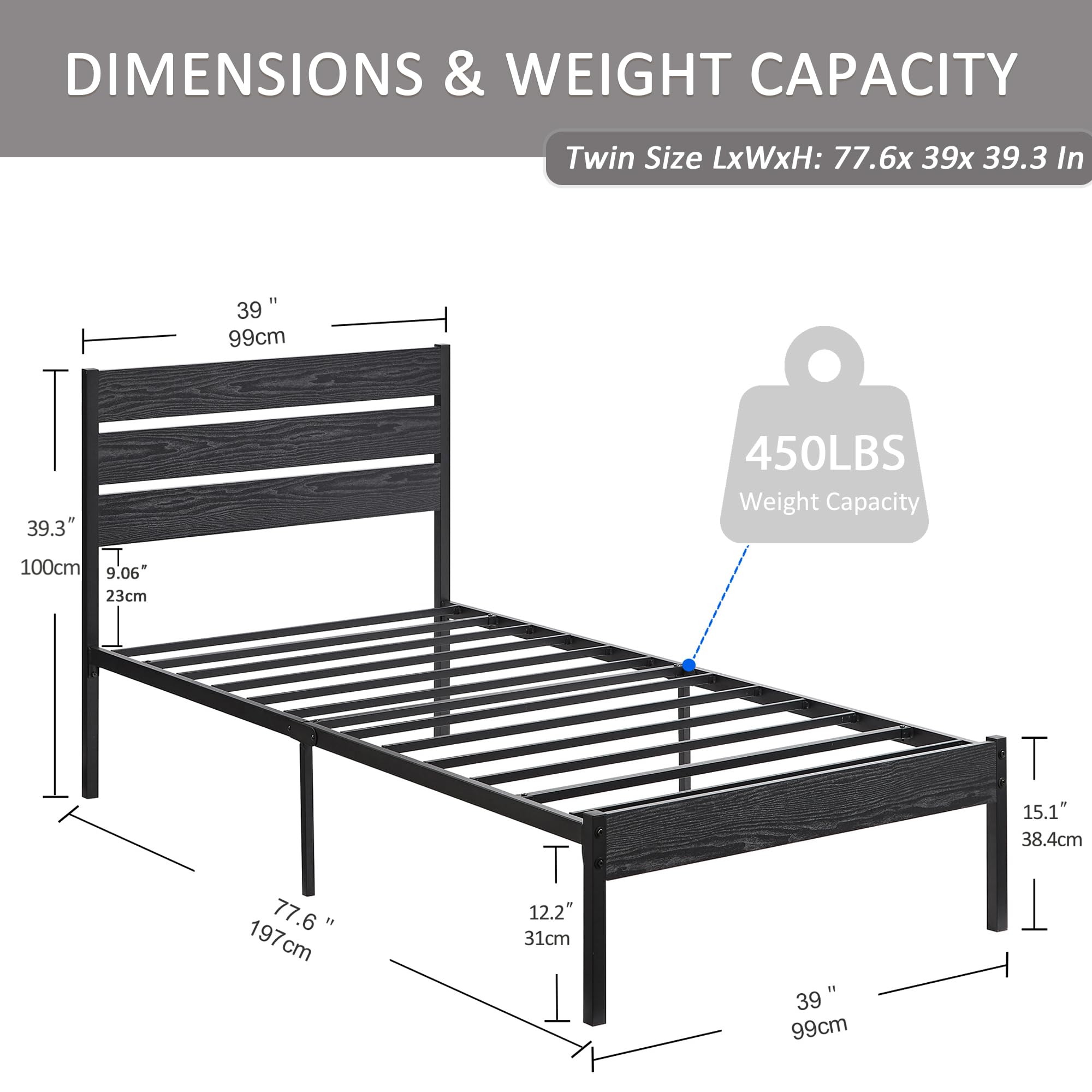 VECELO Twin Bed Frame with Wood Headboard and Footboard, Platform Mattress Foundation, Strong Metal Slats Support, No Box Spring Needed