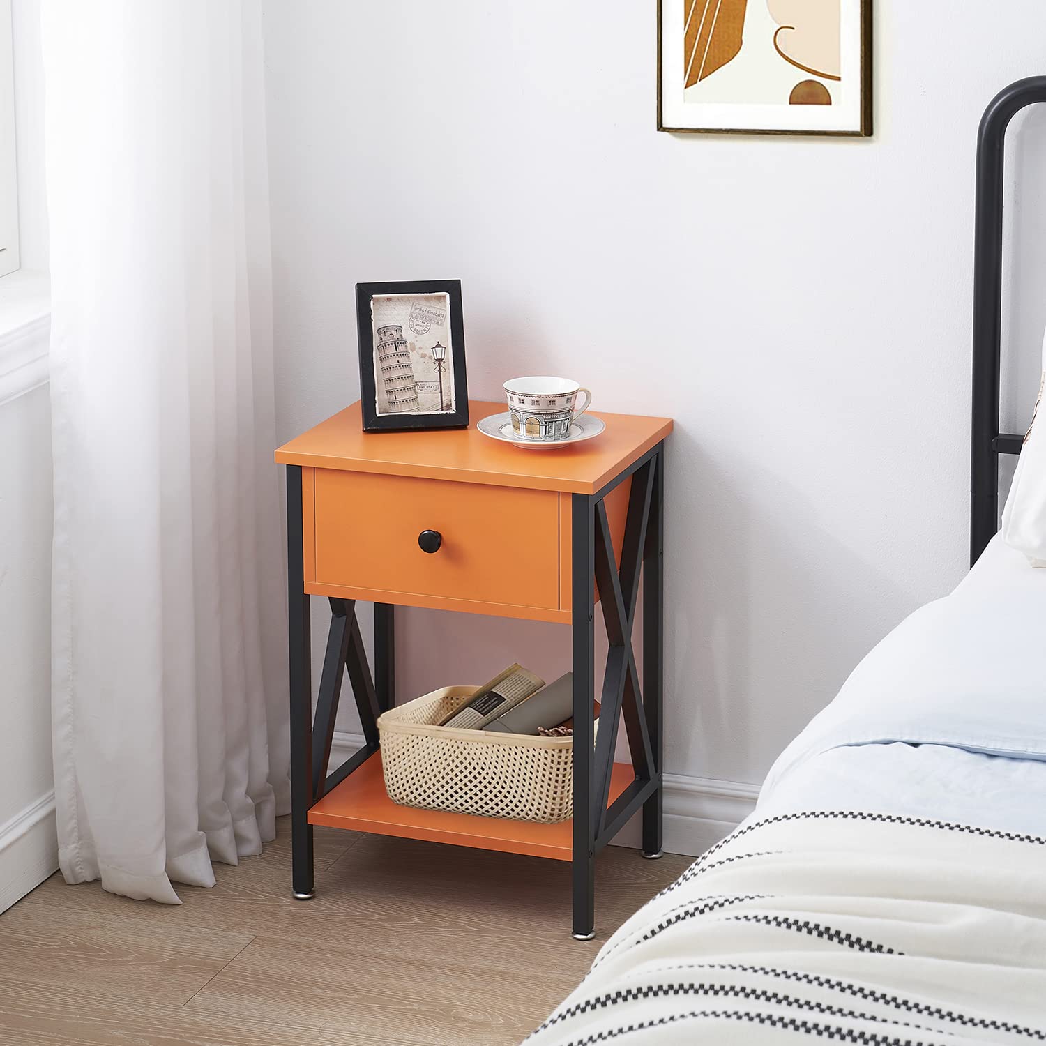 VECELO End Tables, Modern Nightstand with Drawer & Shelf, Night Stand for Bedroom Living Room,Industrial Metal Frame