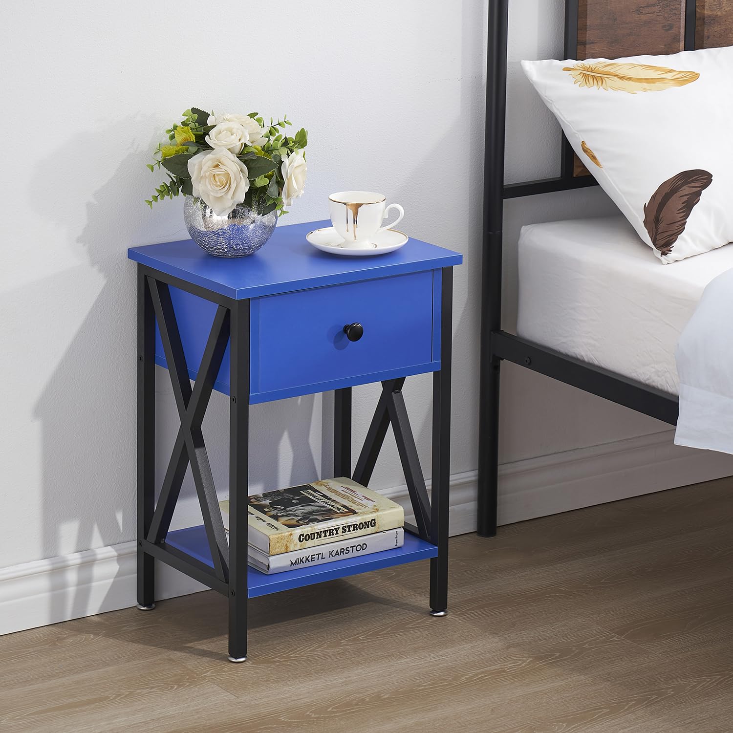 VECELO End Tables, Modern Nightstand with Drawer & Shelf, Night Stand for Bedroom Living Room,Industrial Metal Frame