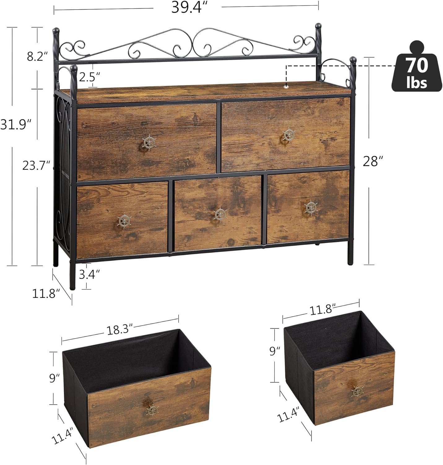 VECELO Dresser for Bedroom, Wide Chest of 5 Drawers, Storage Organizer Unit with Fabric Bins for Closet, Living Room, Hallway,Sturdy Metal Frame,Brown