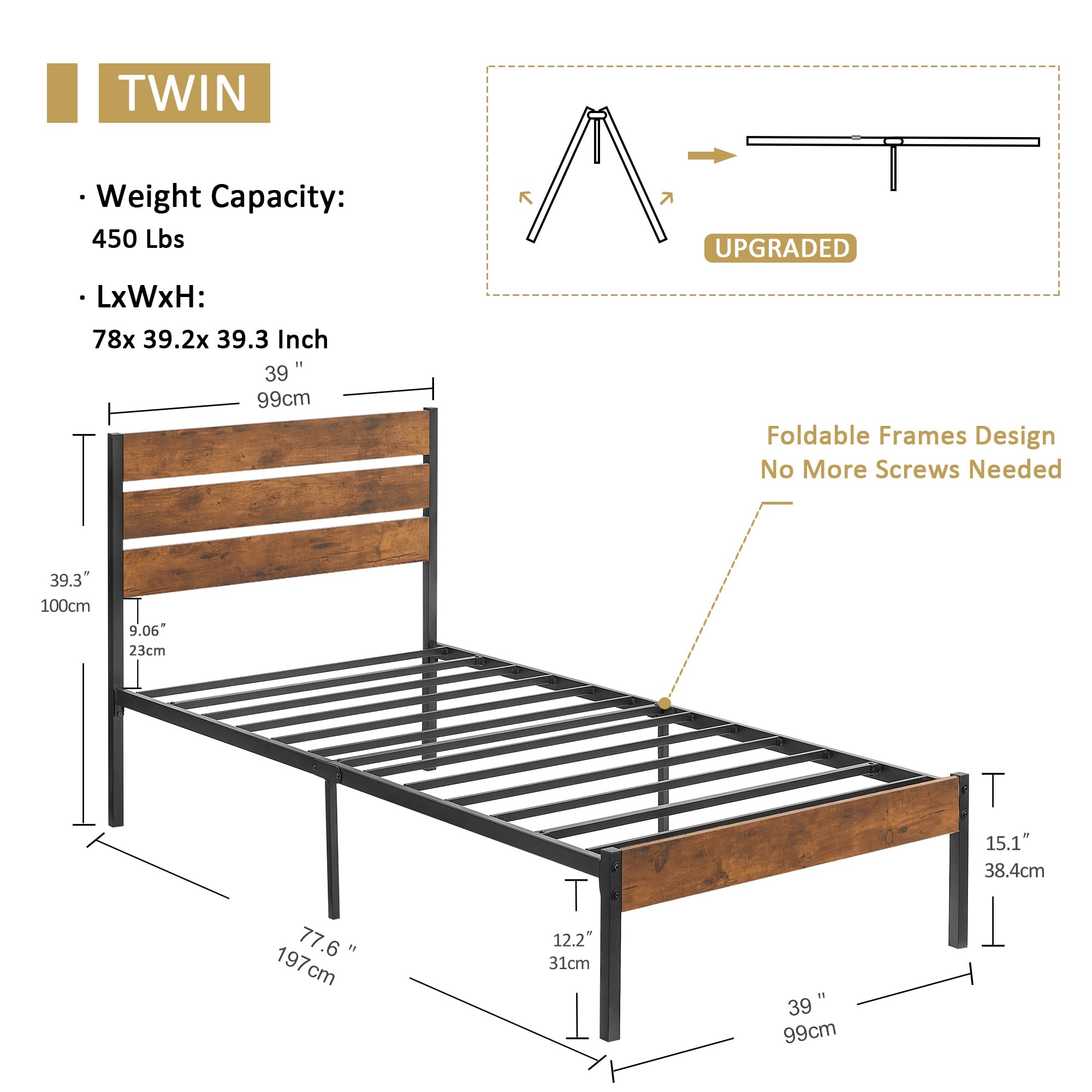 VECELO Twin Bed Frame with Wood Rustic Headboard, Easy Assembly Strong Metal Slats Support, No Box Spring Needed