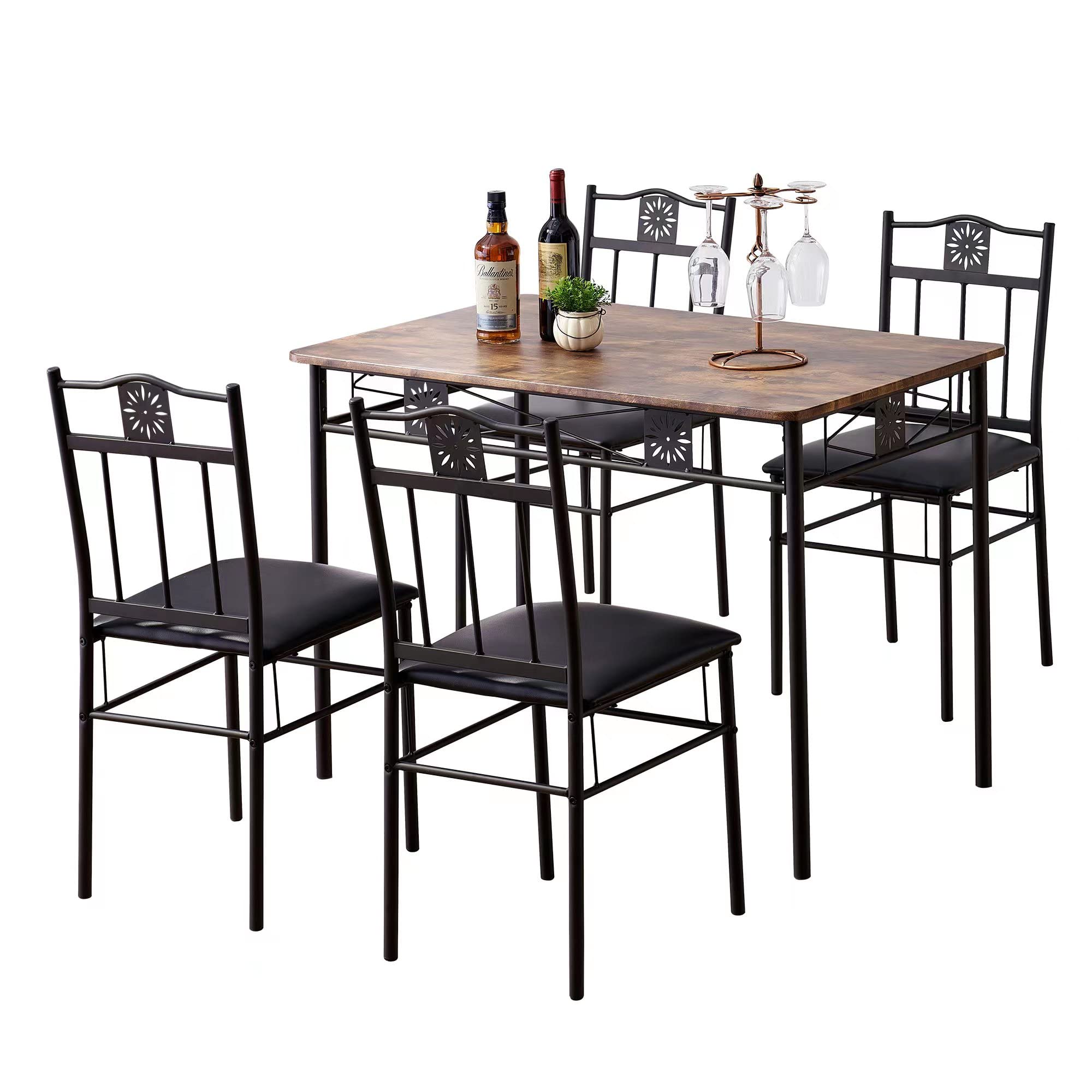 VECELO Kitchen Dining Room Table Sets for 4, 5 Piece Metal and Wood Rectangular Breakfast Nook, Dinette with Chairs, 42x31.4x30 inches,15.7x15.9x33.8 inches, Retro-Brown