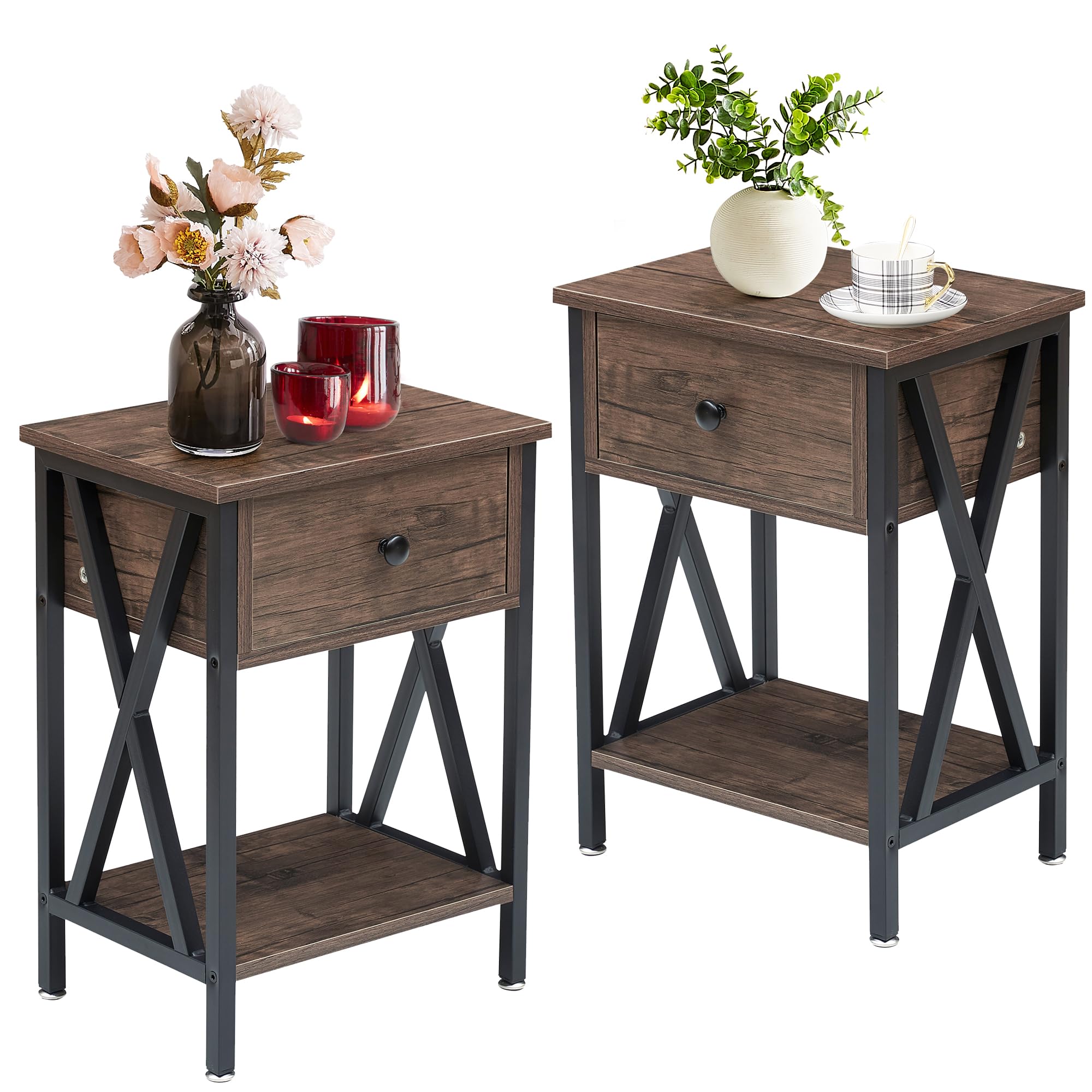 VECELO End Tables, Modern Nightstand with Drawer & Shelf, Night Stand for Bedroom Living Room,Industrial Metal Frame