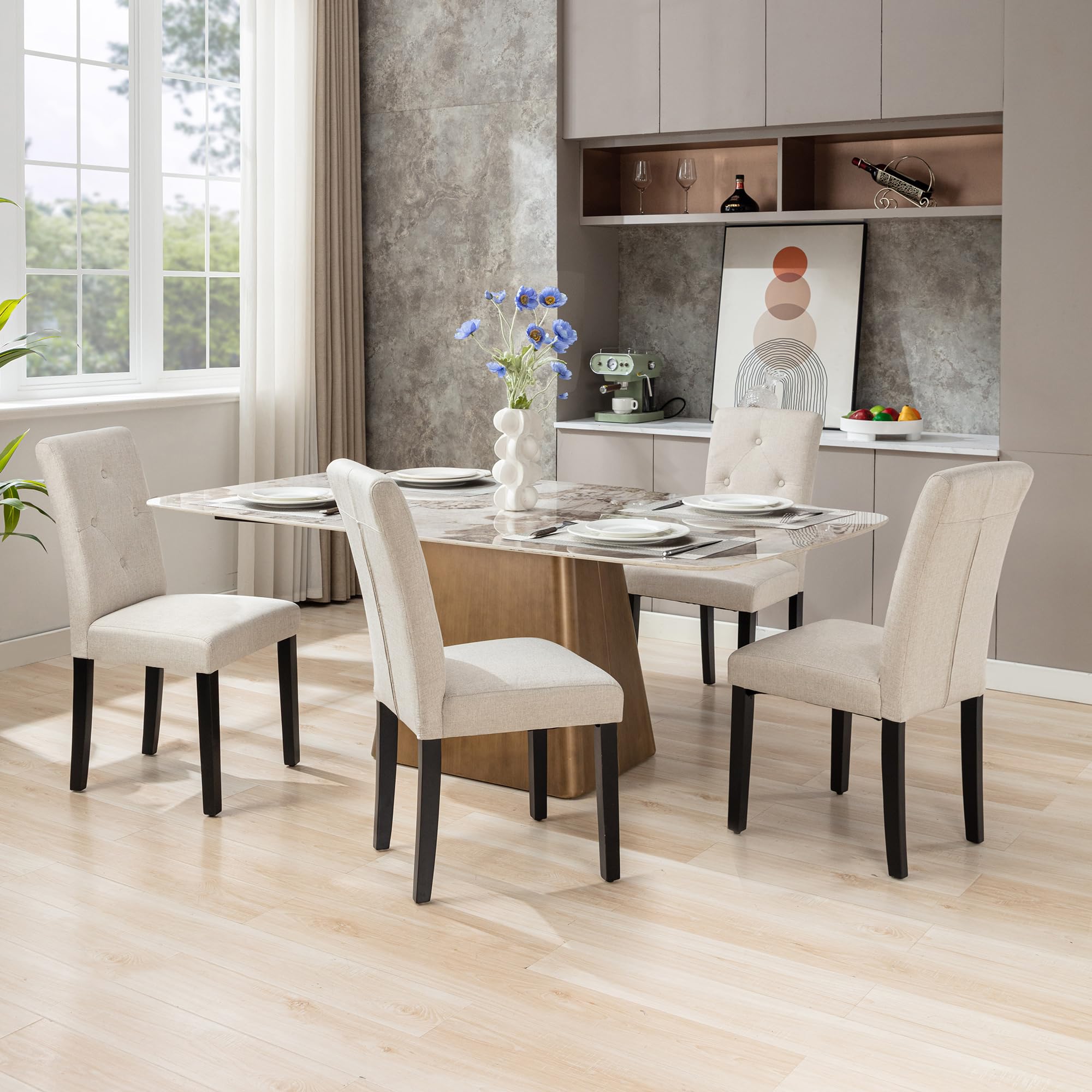 VECELO Upholstered Dining Chairs Set of 2, Modern Fabric and Solid Wood Legs & High Back for Kitchen/Living Room- Beige