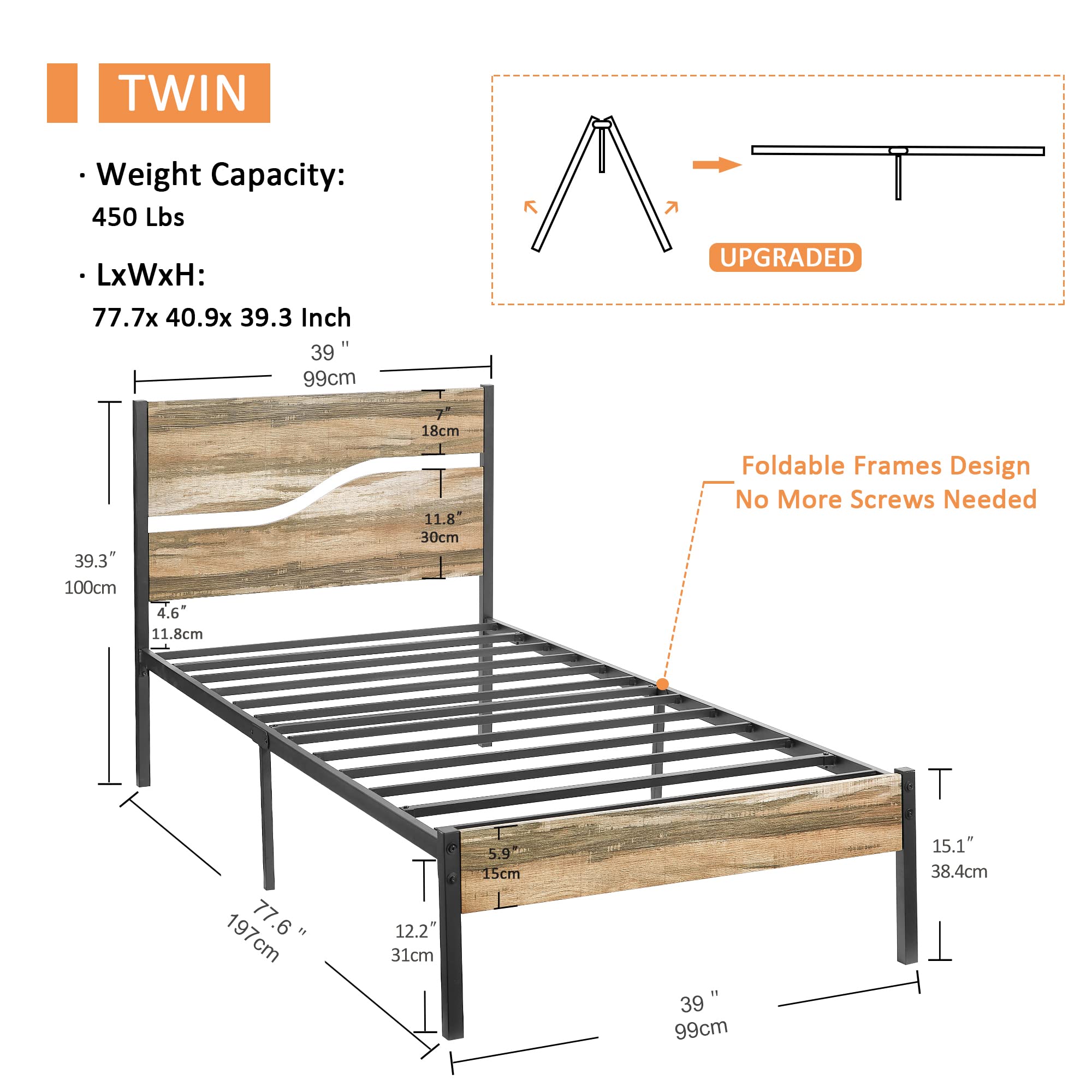 VECELO Platform Twin Bed Frame with Rustic Vintage Wood Headboard and Footboard, Mattress Foundation, Strong Metal Slats Support, No Box Spring Needed