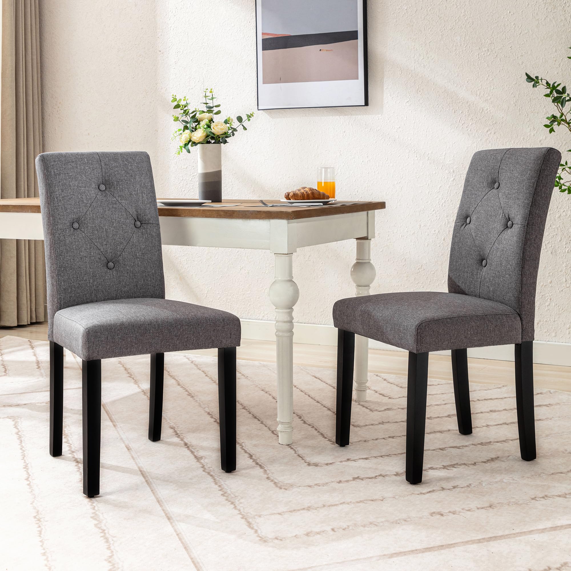 VECELO Upholstered Dining Chairs Set of 2, Modern Fabric and Solid Wood Legs &High Back for Kitchen/Living Room- DGRY