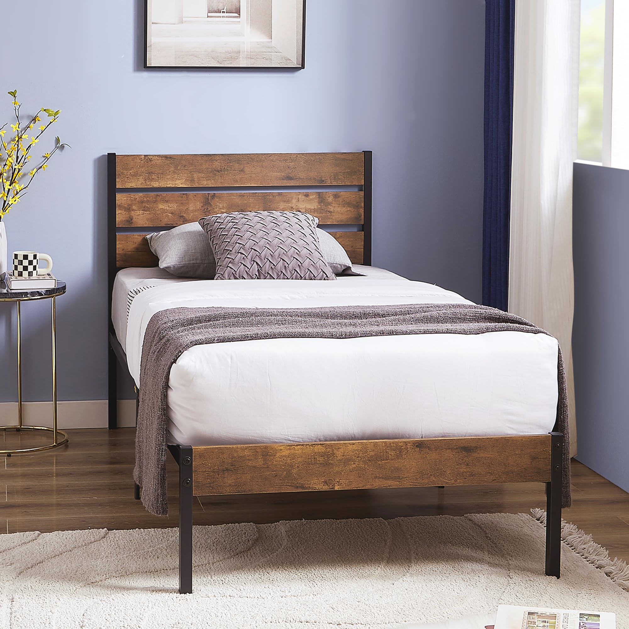 VECELO Twin Bed Frame with Wood Rustic Headboard, Easy Assembly Strong Metal Slats Support, No Box Spring Needed