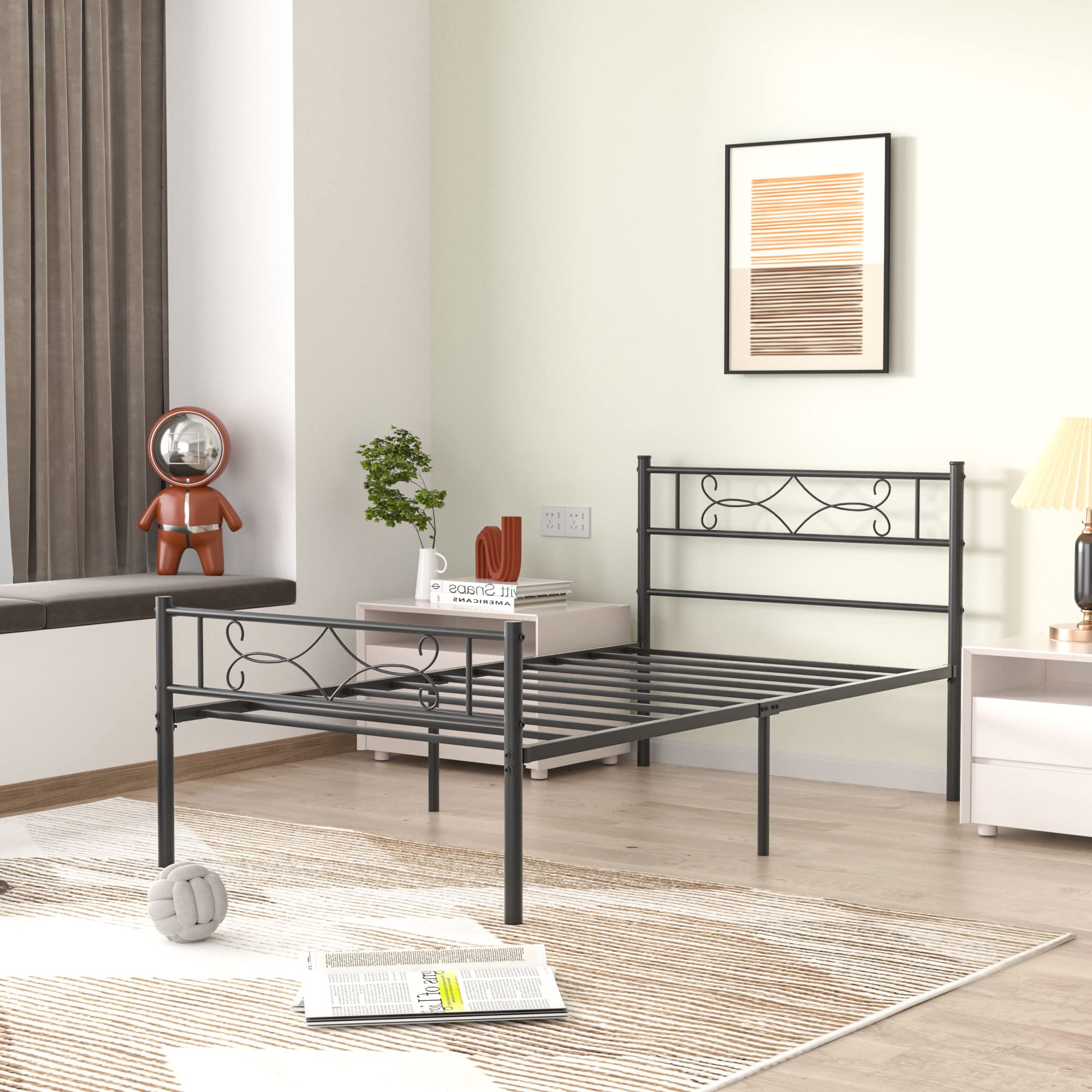 VECELO Twin Size Bed Frame Metal Platform/Mattress Foundation with headboard Footboard/Steel Slat Support/No Box Spring Needed/Easy Assembly