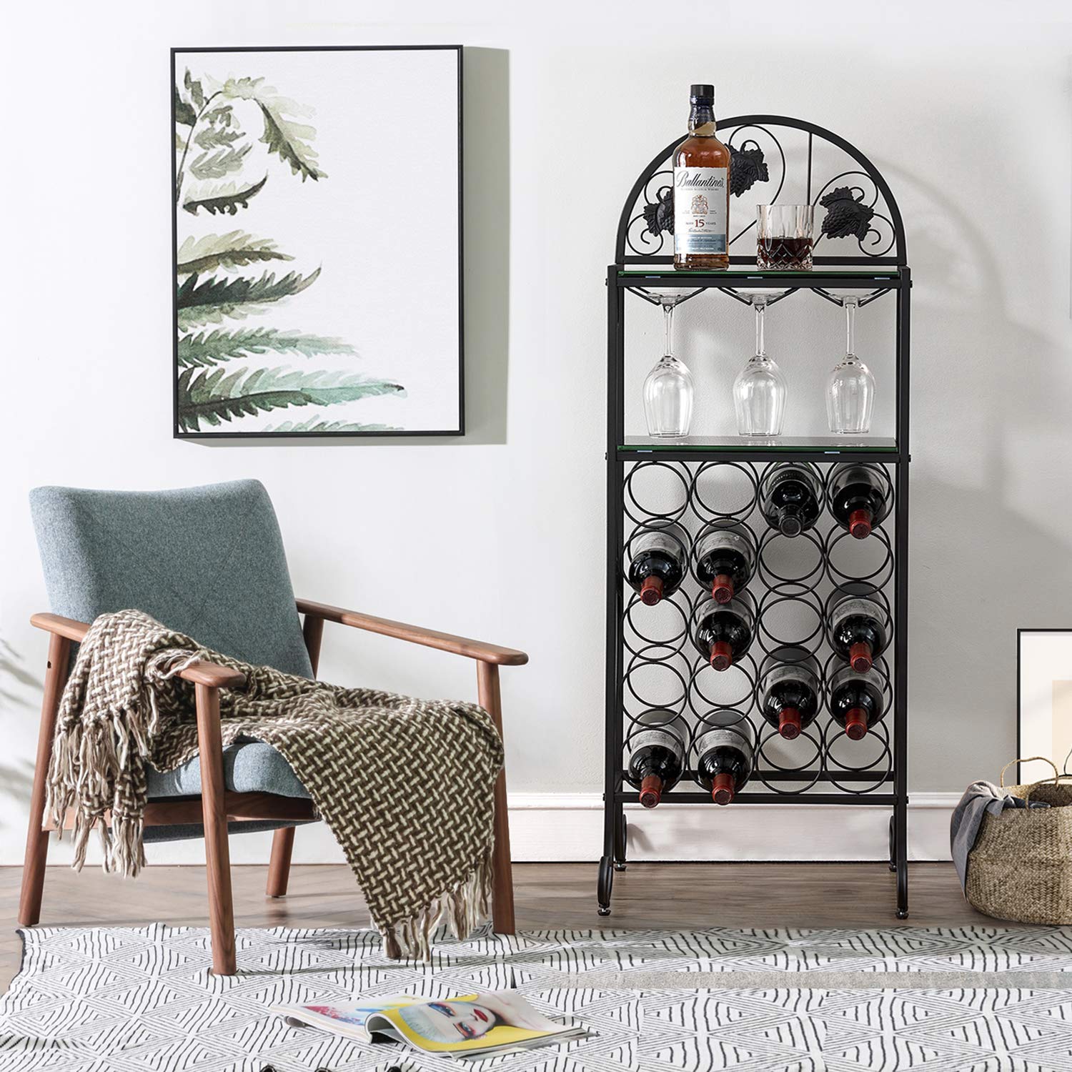 VECELO 20 Metal Table, Freestanding Floor Bottles Bar Storage & Display Holder, with Marble Finish, Black Glass Top, 2-Tier Vertical Wine Rack