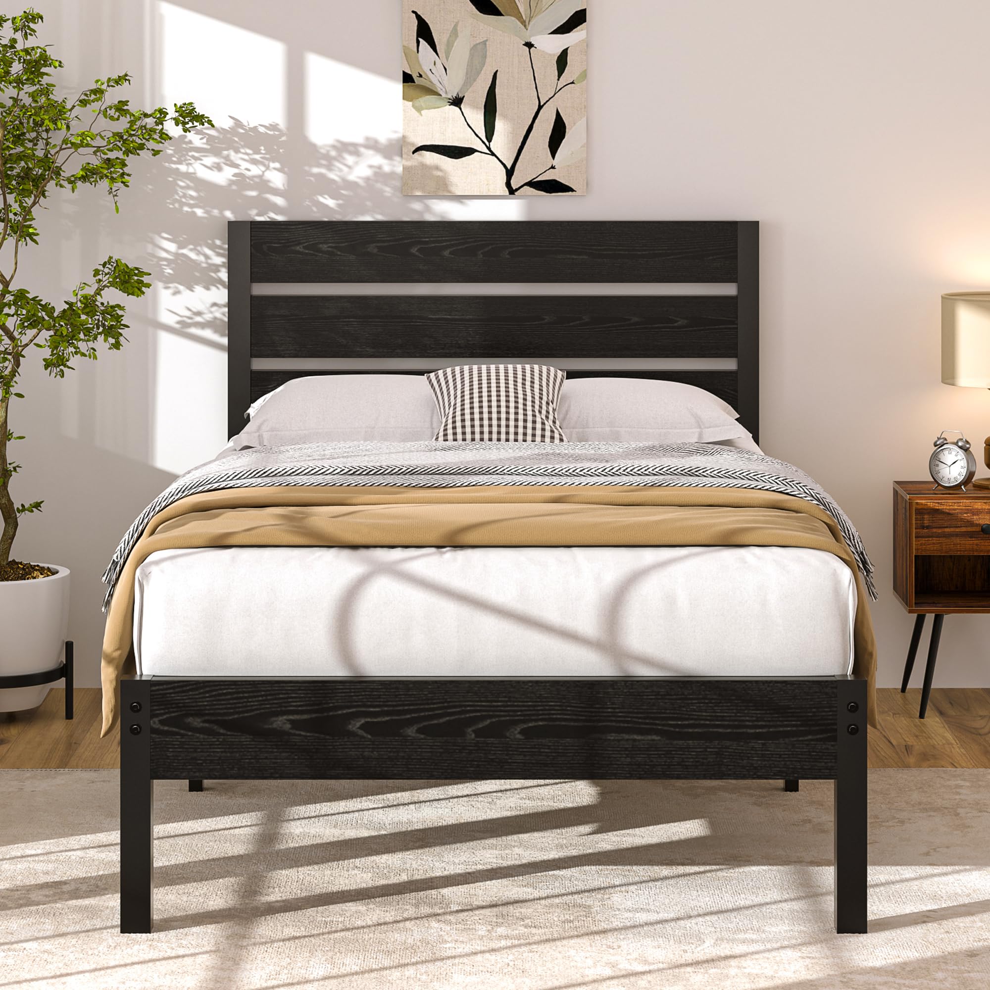 VECELO Twin Bed Frame with Wood Headboard and Footboard, Platform Mattress Foundation, Strong Metal Slats Support, No Box Spring Needed