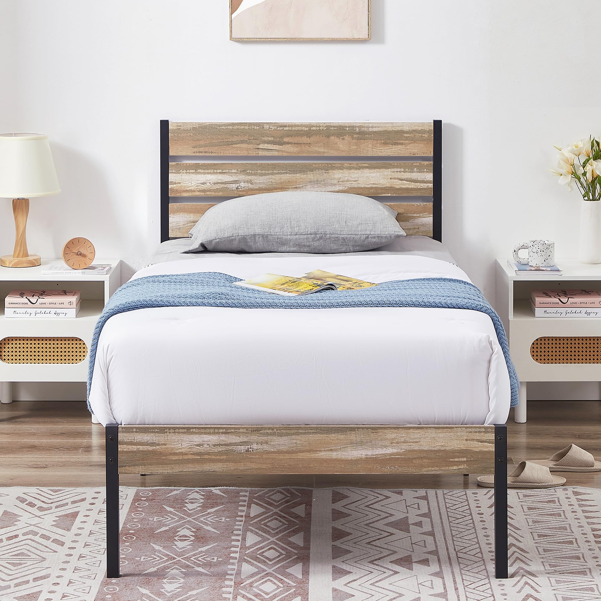 VECELO Platform Twin Bed Frame with Rustic Vintage Wood Headboard and Footboard, Mattress Foundation, Strong Metal Slats Support, No Box Spring Needed