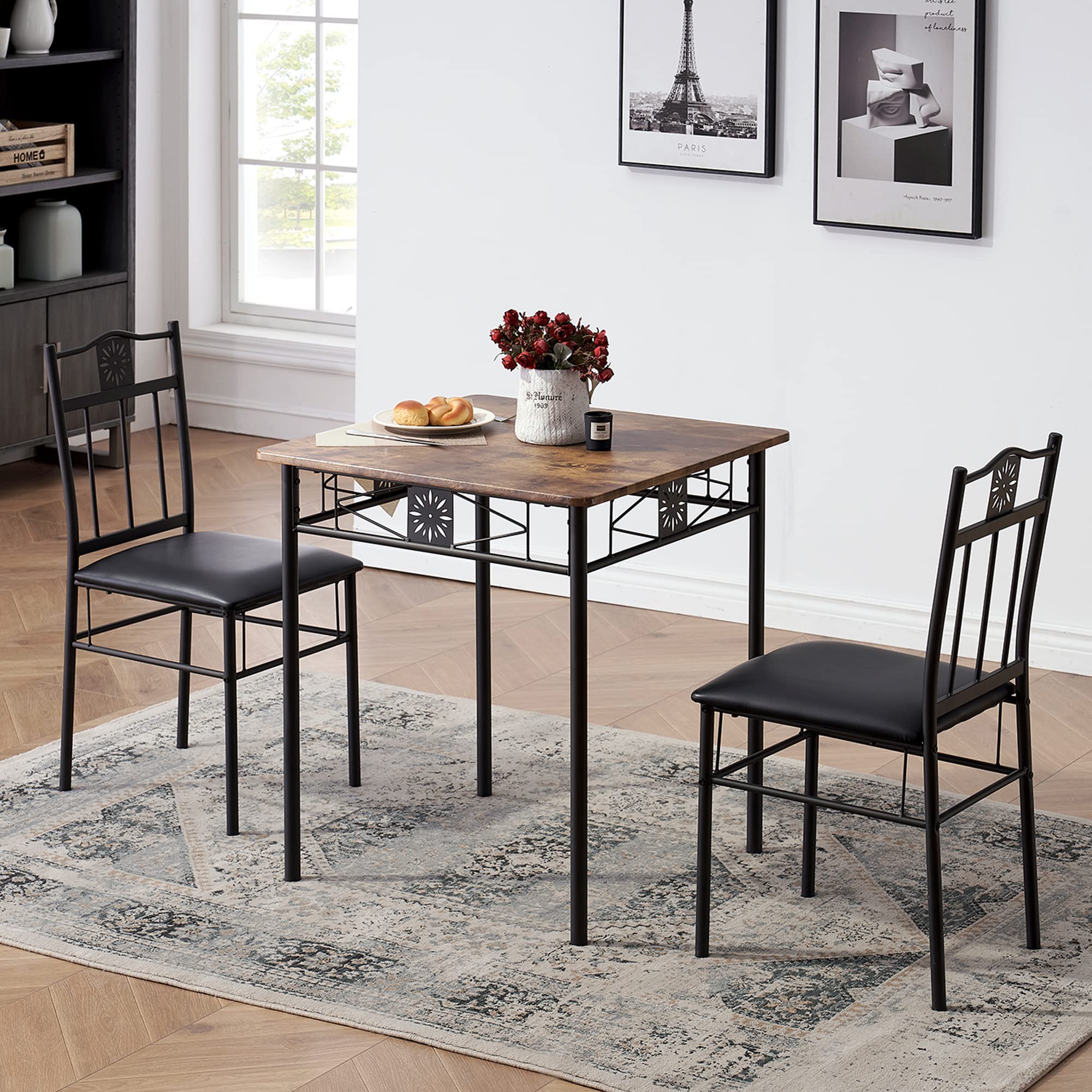 VECELO Small Dining Table Set for 2, 3 Piece Kitchen Bar Dinette Square, with PU Padded Chairs, Retro-Brown