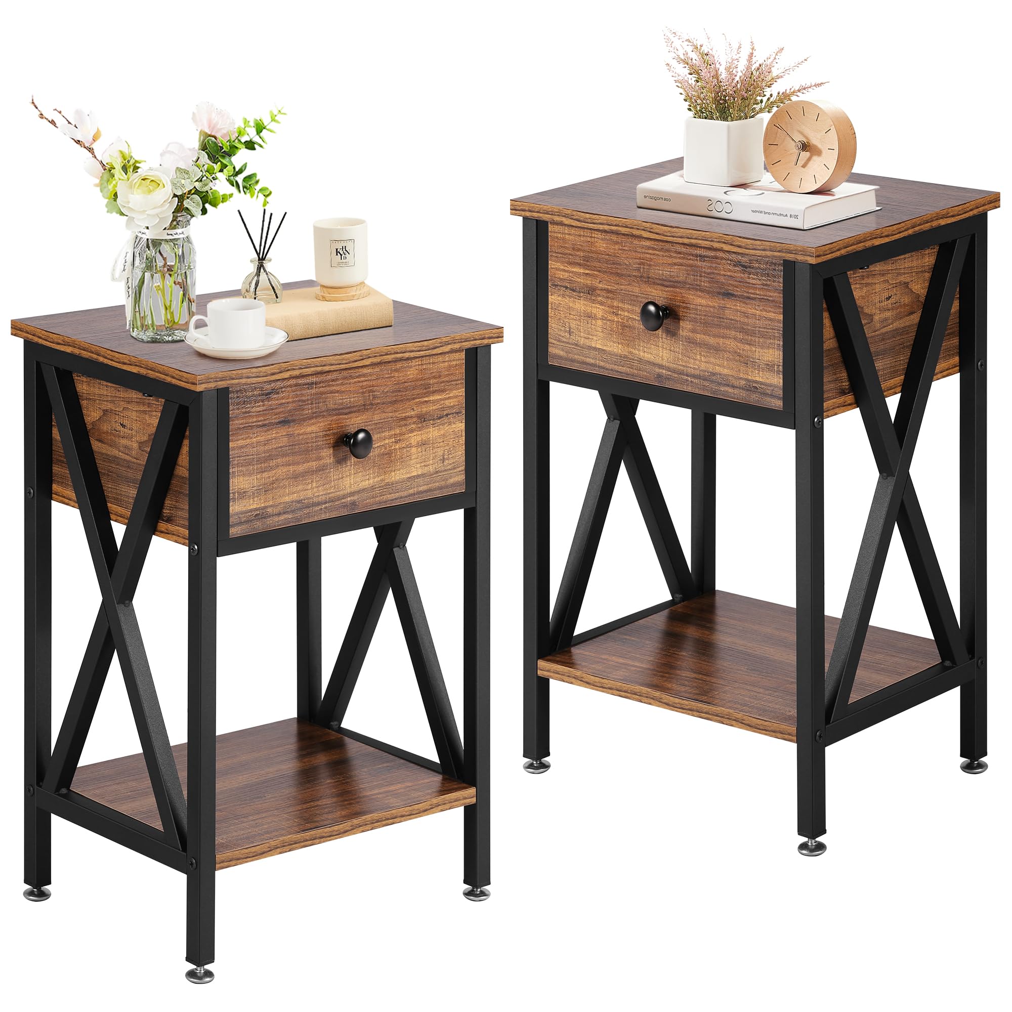 VECELO End Tables, Modern Nightstand with Drawer & Shelf, Night Stand for Bedroom Living Room,Industrial Metal Frame