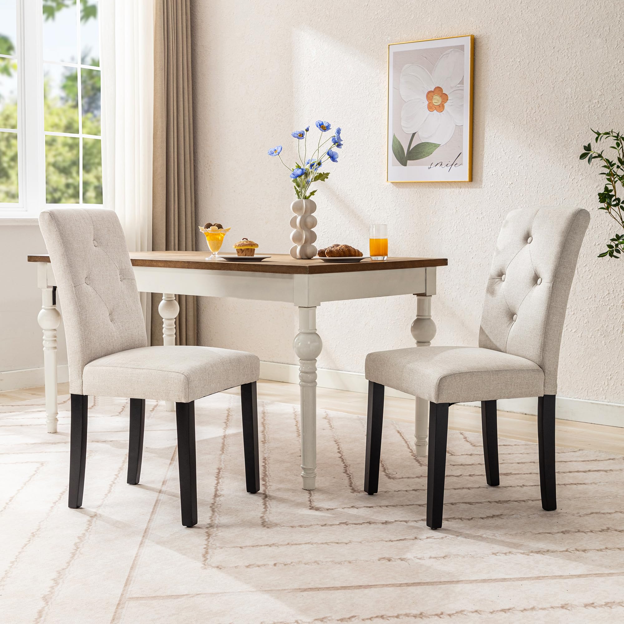 VECELO Upholstered Dining Chairs Set of 2, Modern Fabric and Solid Wood Legs & High Back for Kitchen/Living Room- Beige