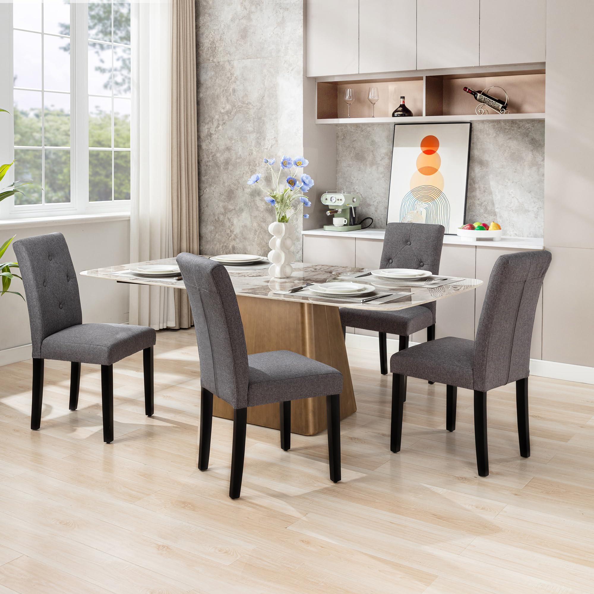 VECELO Upholstered Dining Chairs Set of 2, Modern Fabric and Solid Wood Legs &High Back for Kitchen/Living Room- DGRY