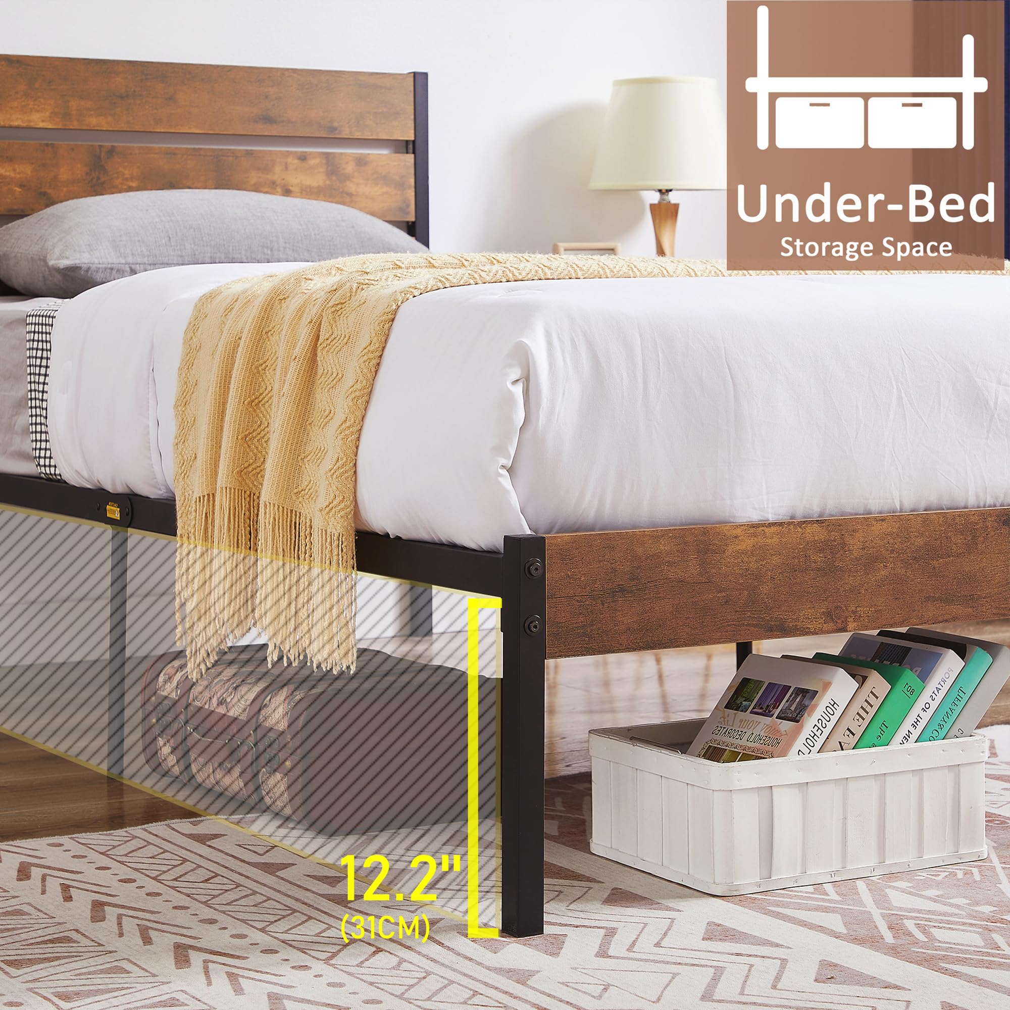 VECELO Twin Bed Frame with Wood Rustic Headboard, Easy Assembly Strong Metal Slats Support, No Box Spring Needed