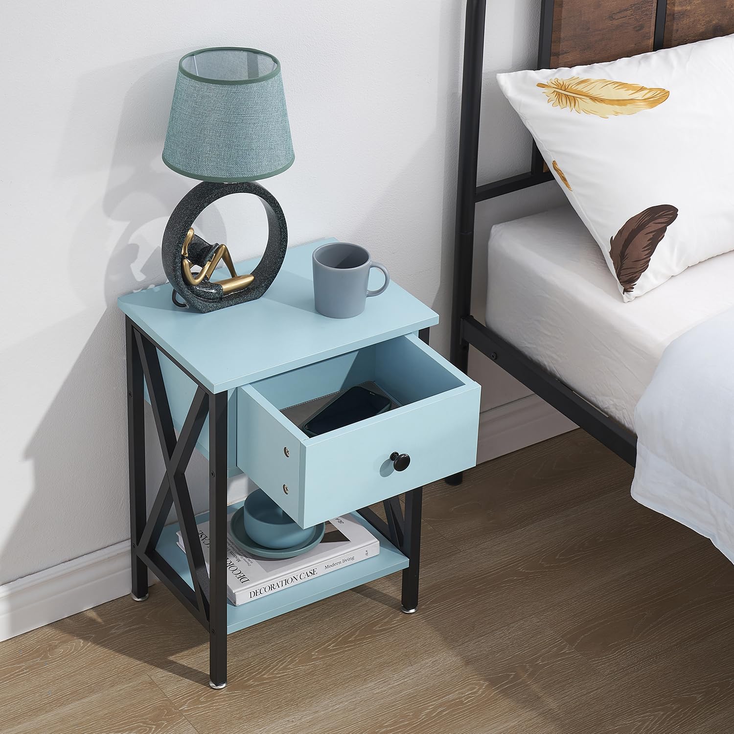 VECELO End Tables, Modern Nightstand with Drawer & Shelf, Night Stand for Bedroom Living Room,Industrial Metal Frame