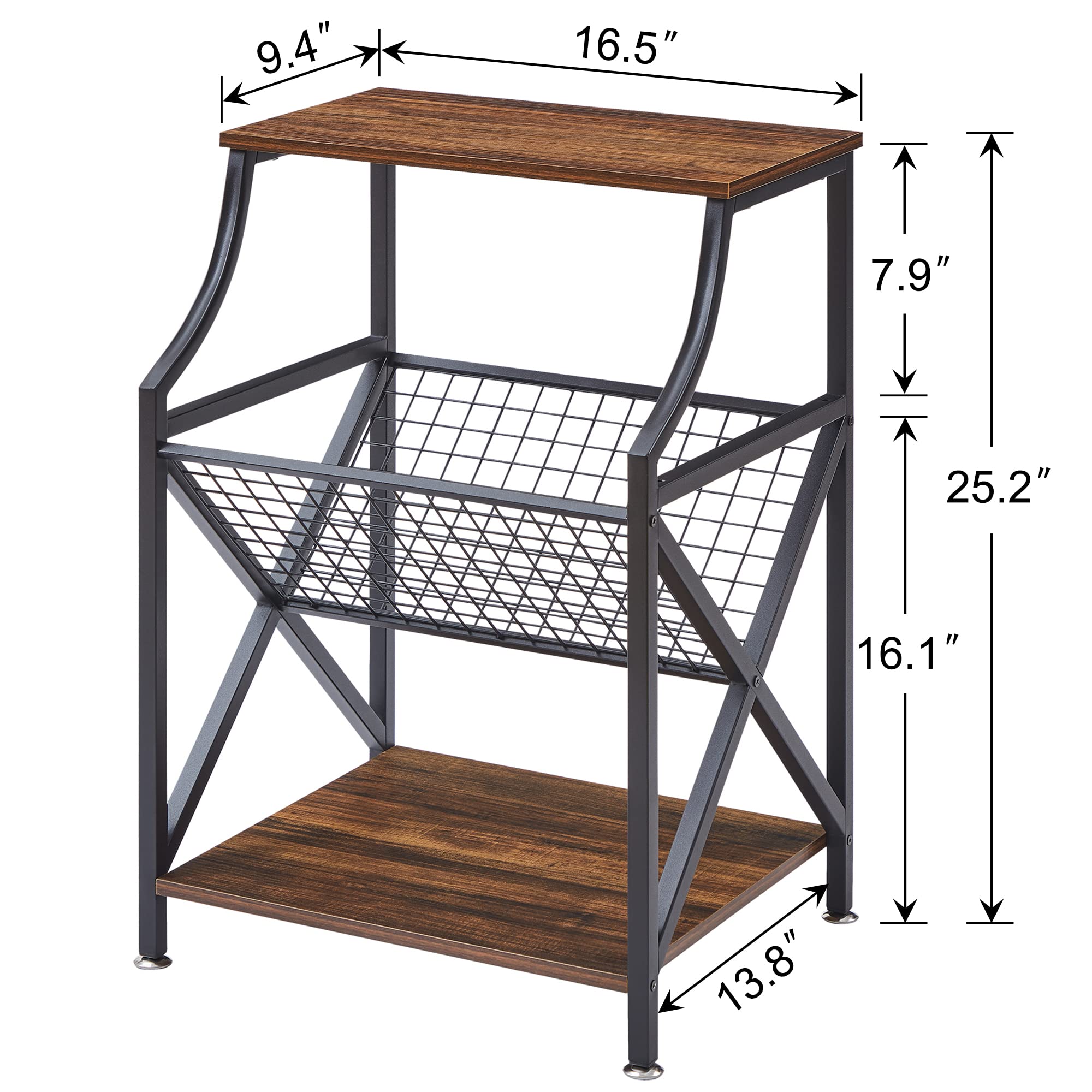 VECELO 3-Tier End/Side/Bedside Table Small Nightstand with Open Magazine Storage Shelf for Living Room, Bedroom, Kitchen, Study, Bathroom, Modern, Industrial, Metal Frame, 2 Pack, Rustic Brown