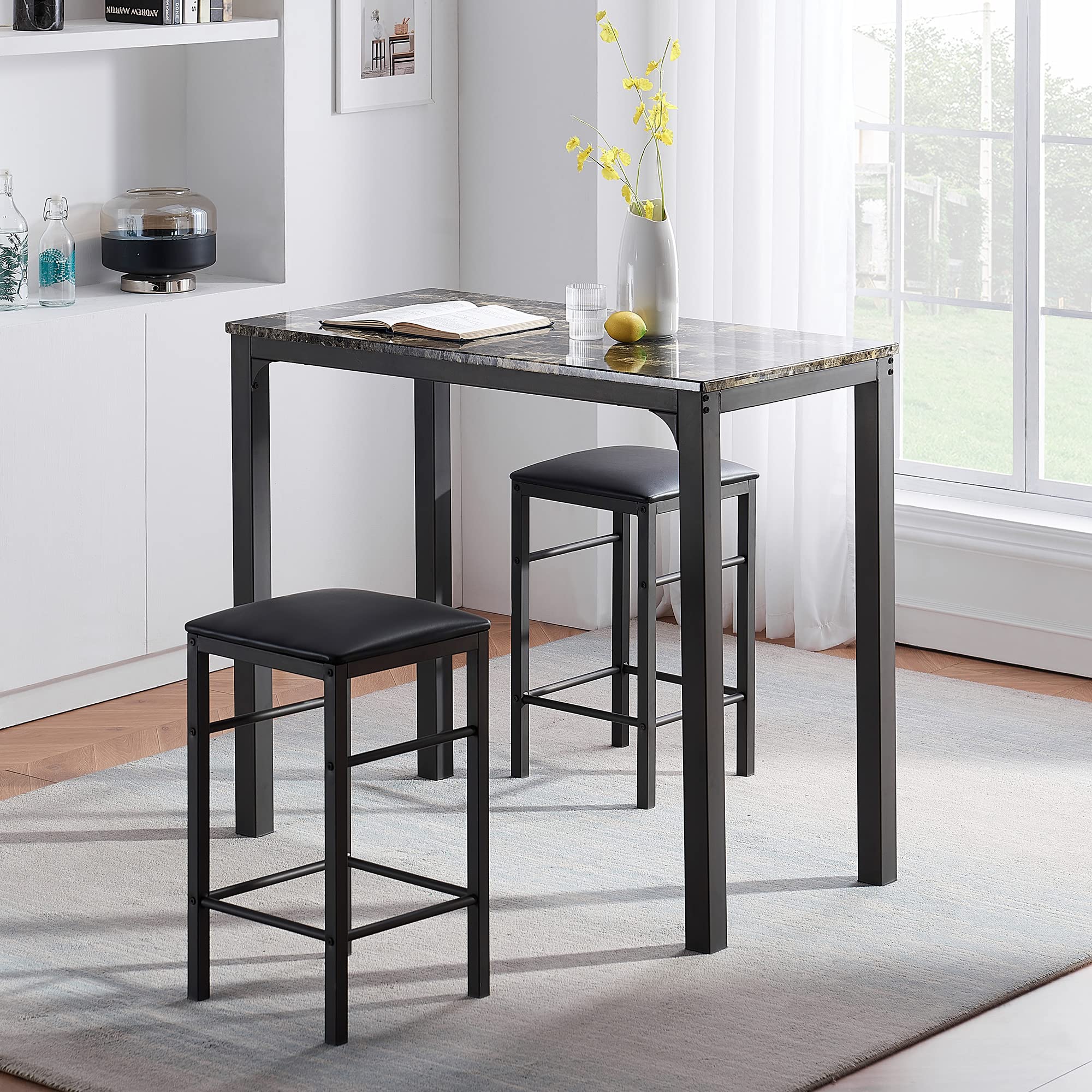 VECELO Bar Table Stools, 3 Pieces Rectangular Kitchen Height Pub Tabletop Living Party Room Bistro, Dining Set for 2, Retro Blk