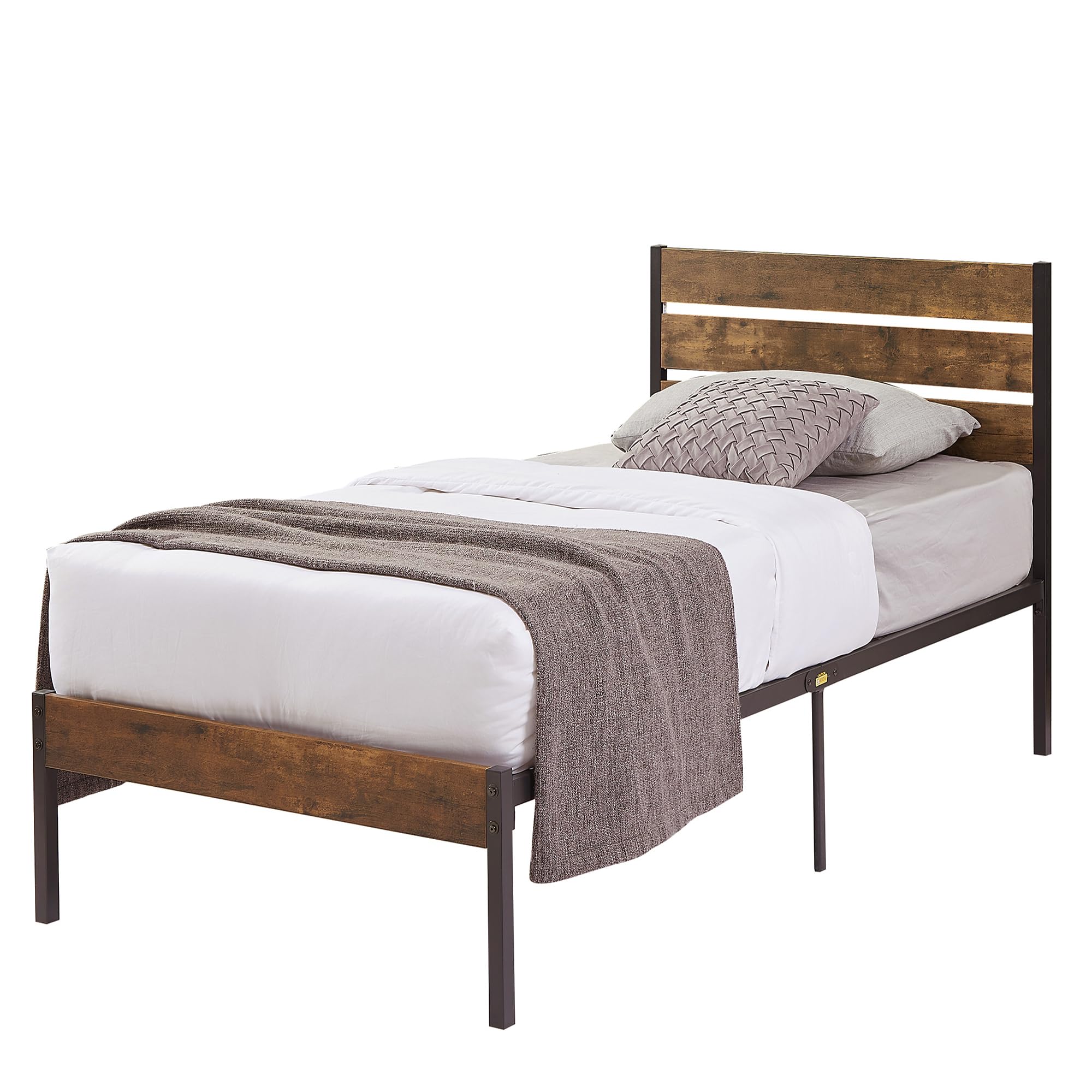 VECELO Twin Bed Frame with Wood Rustic Headboard, Easy Assembly Strong Metal Slats Support, No Box Spring Needed