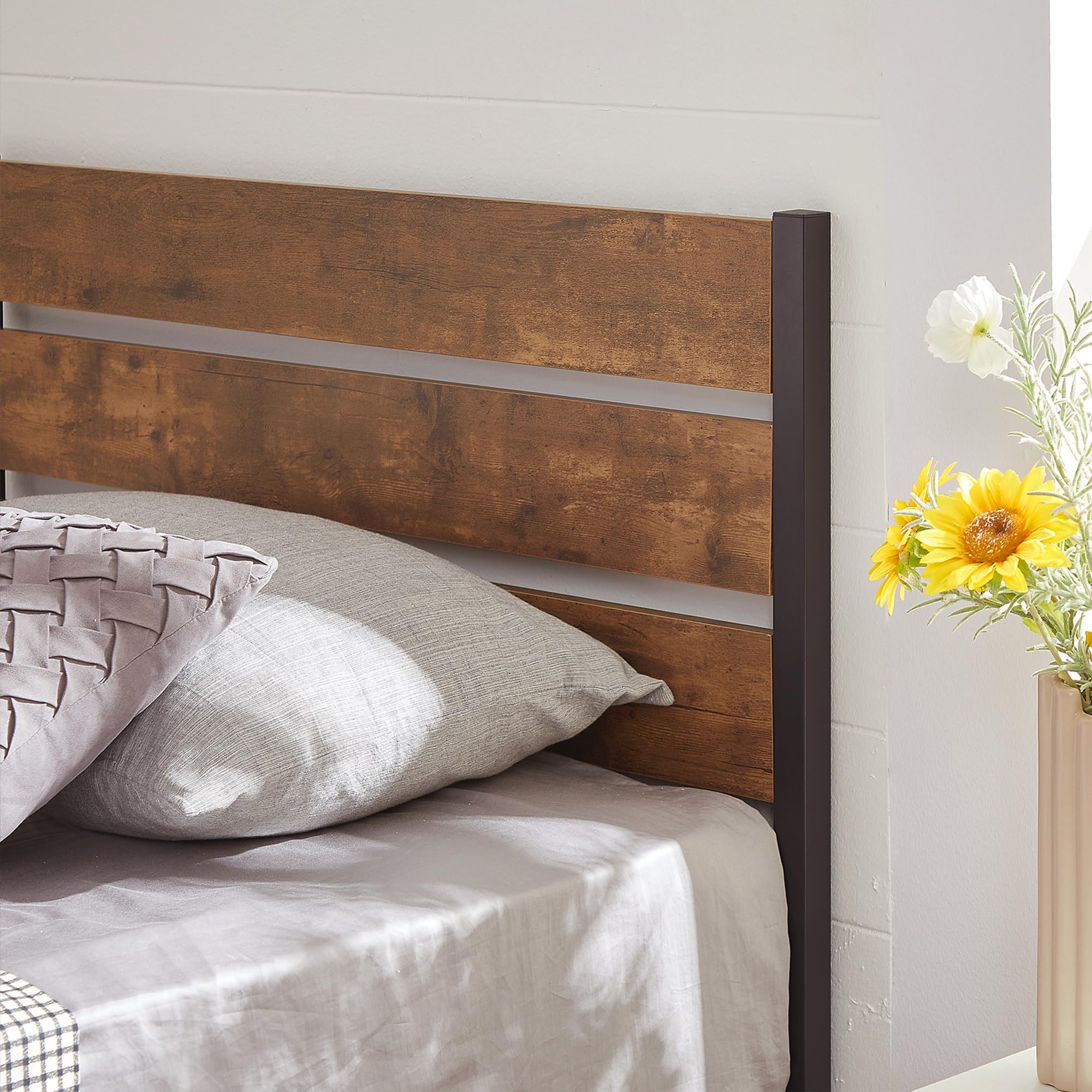 VECELO Twin Bed Frame with Wood Rustic Headboard, Easy Assembly Strong Metal Slats Support, No Box Spring Needed