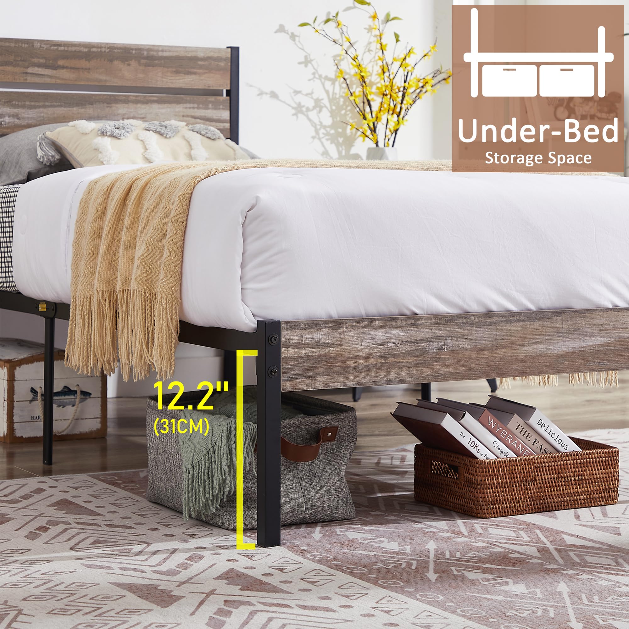 VECELO Platform Twin Bed Frame with Rustic Vintage Wood Headboard and Footboard, Mattress Foundation, Strong Metal Slats Support, No Box Spring Needed