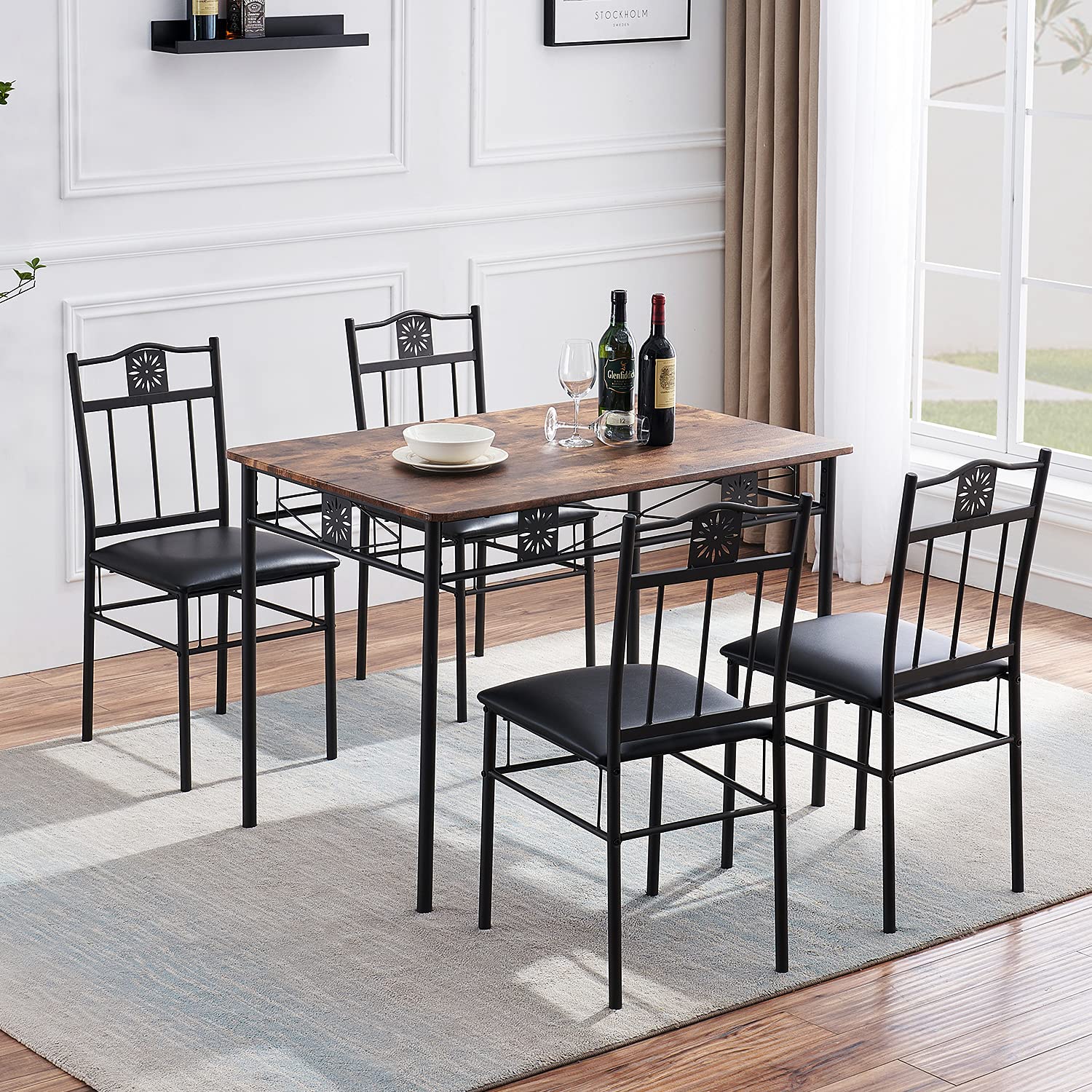 VECELO Kitchen Dining Room Table Sets for 4, 5 Piece Metal and Wood Rectangular Breakfast Nook, Dinette with Chairs, 42x31.4x30 inches,15.7x15.9x33.8 inches, Retro-Brown