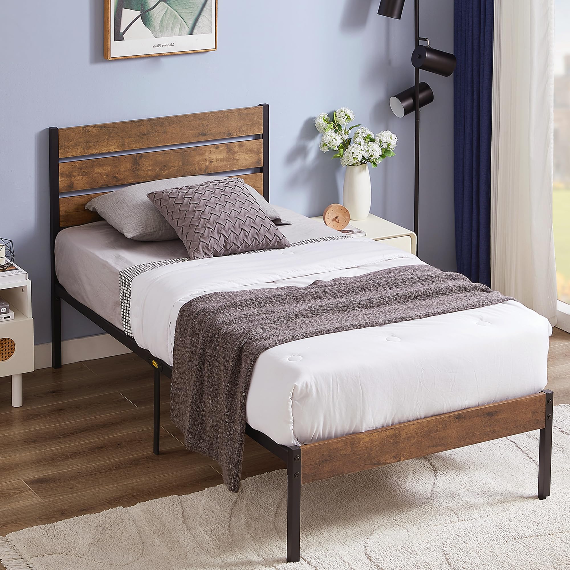 VECELO Twin Bed Frame with Wood Rustic Headboard, Easy Assembly Strong Metal Slats Support, No Box Spring Needed