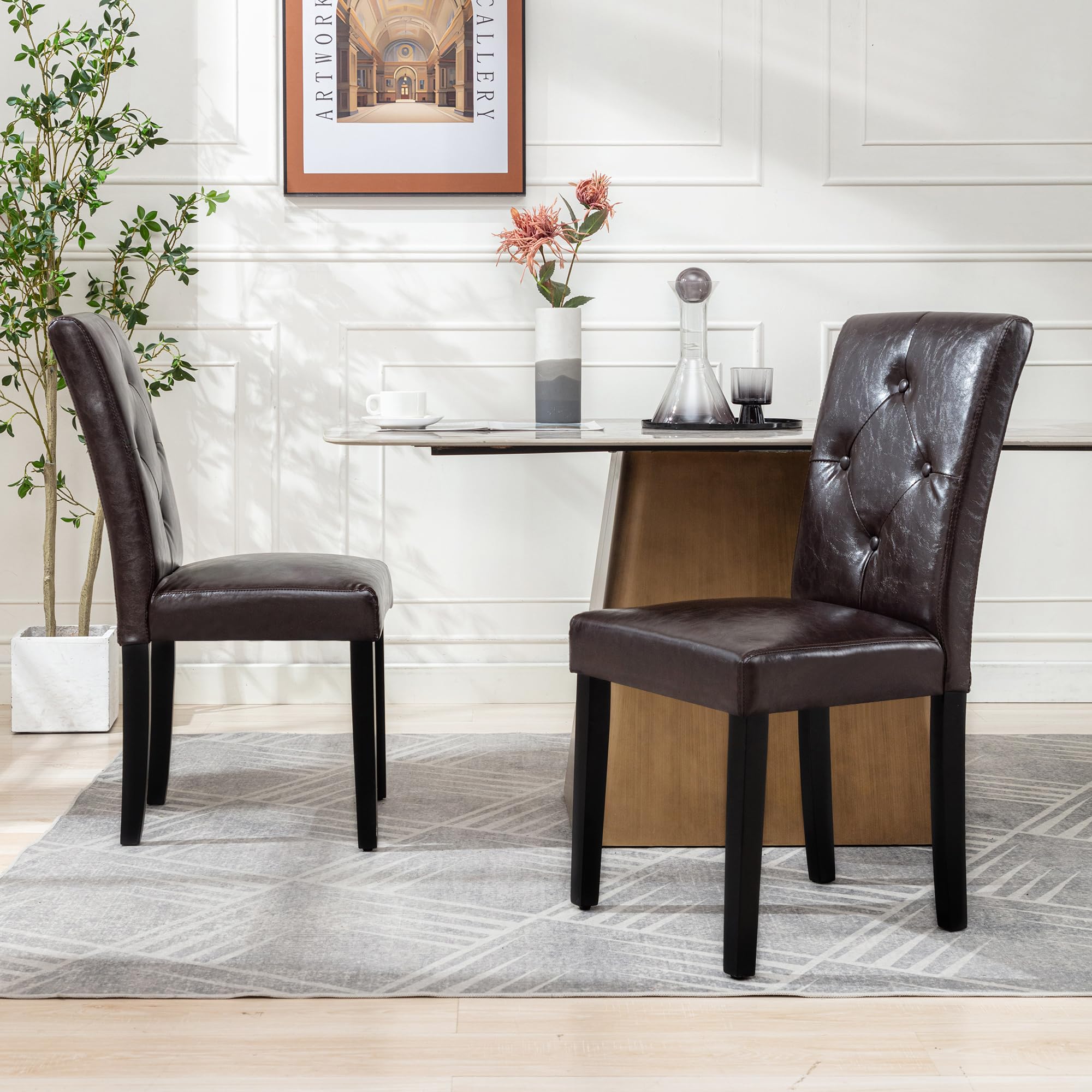 VECELO Upholstered Dining Chairs Set of 2, Modern PU Leather and Solid Wood Legs & High Back for Kitchen/Living Room- Coffee