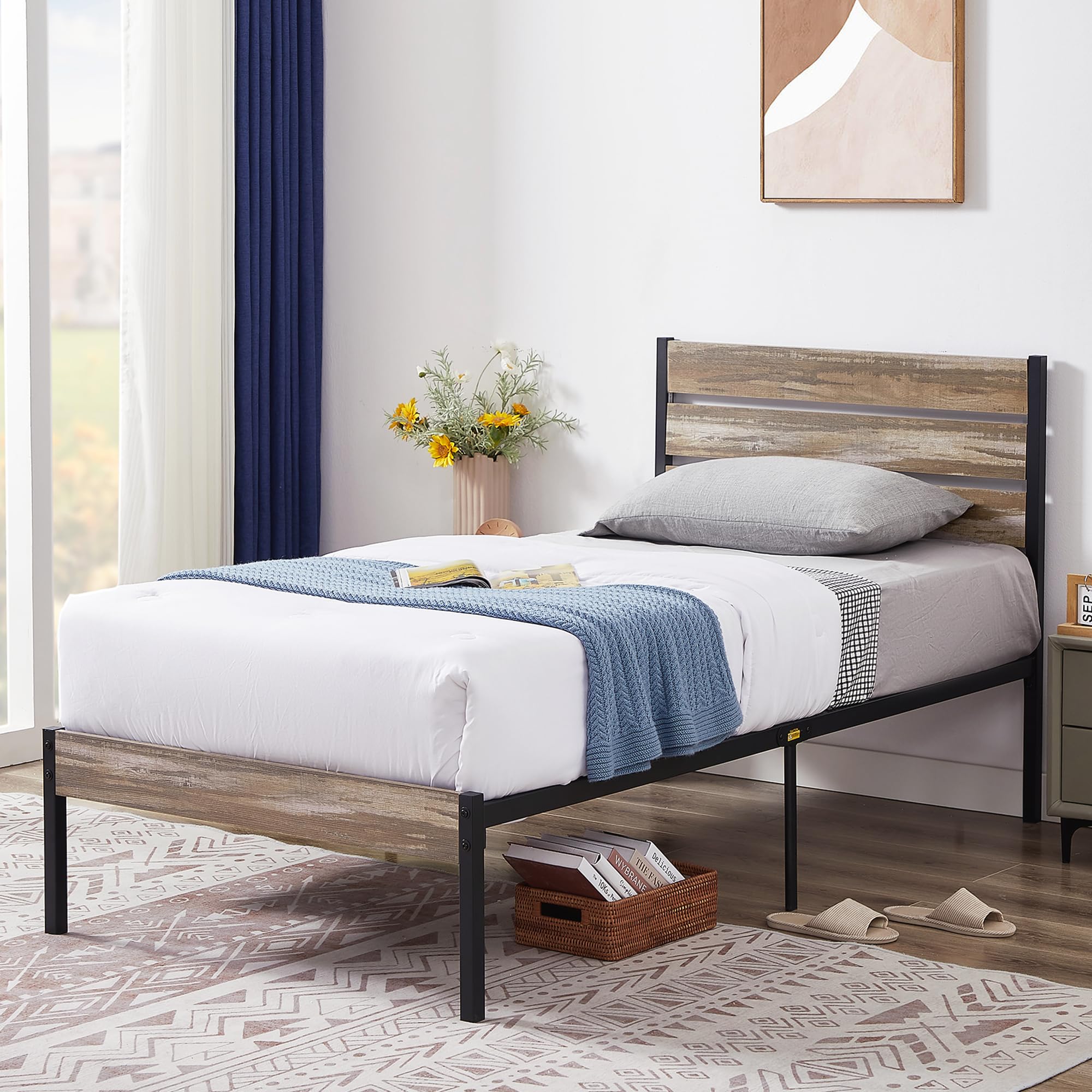 VECELO Platform Twin Bed Frame with Rustic Vintage Wood Headboard and Footboard, Mattress Foundation, Strong Metal Slats Support, No Box Spring Needed