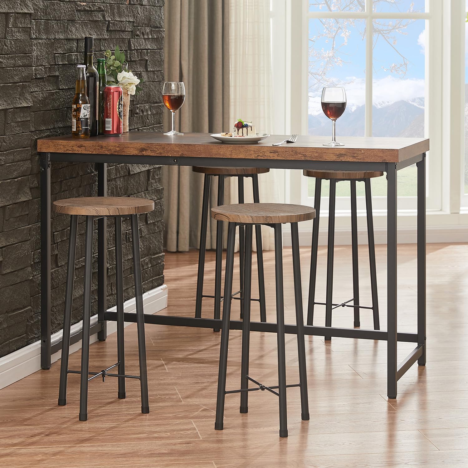 VECELO 3-Piece Table Sets, Round Bistro Pub Furniture and Chairs Set of 2, Counter Height Wood top,Small Spaces Saving for Dining Room Breakfast, Coffee