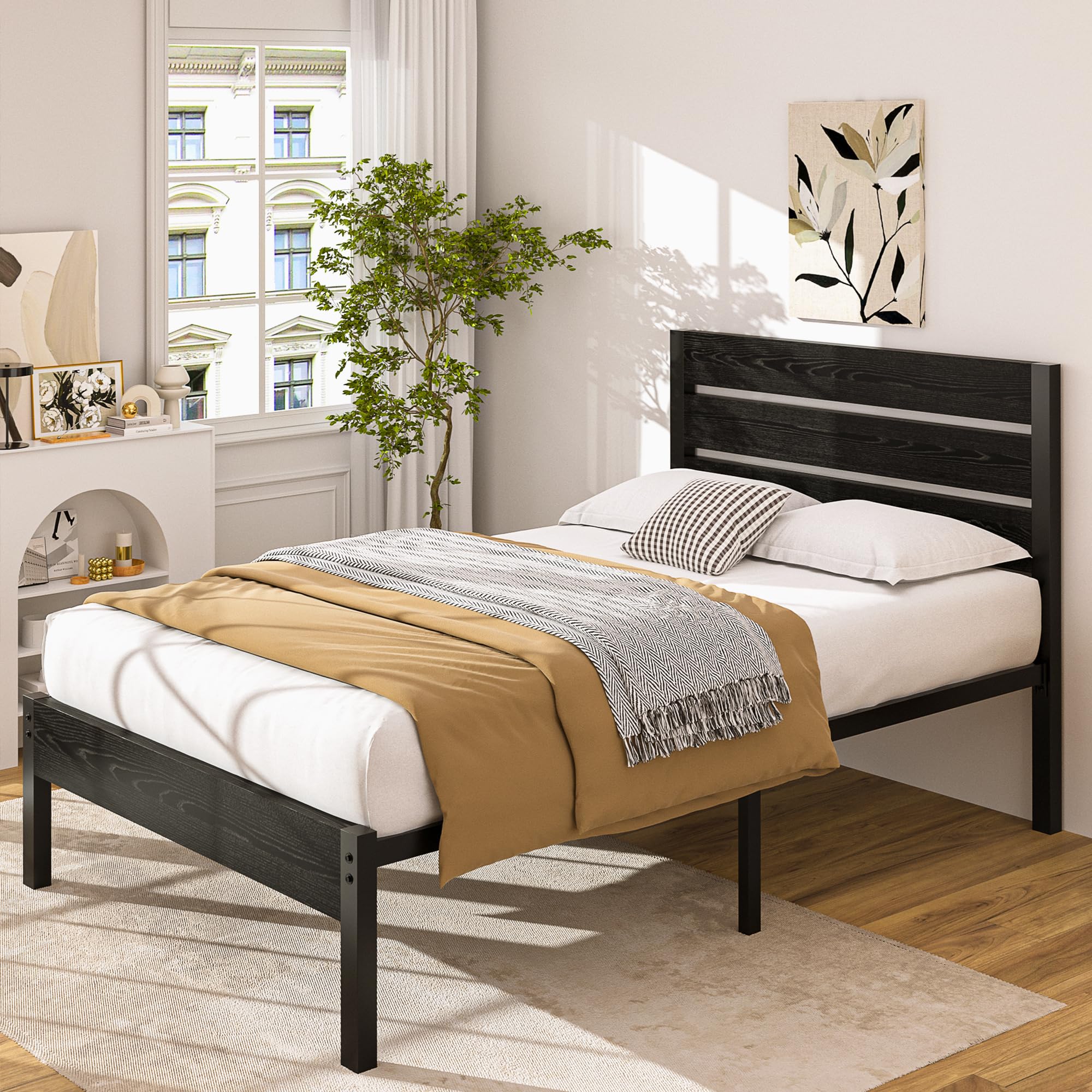 VECELO Twin Bed Frame with Wood Headboard and Footboard, Platform Mattress Foundation, Strong Metal Slats Support, No Box Spring Needed