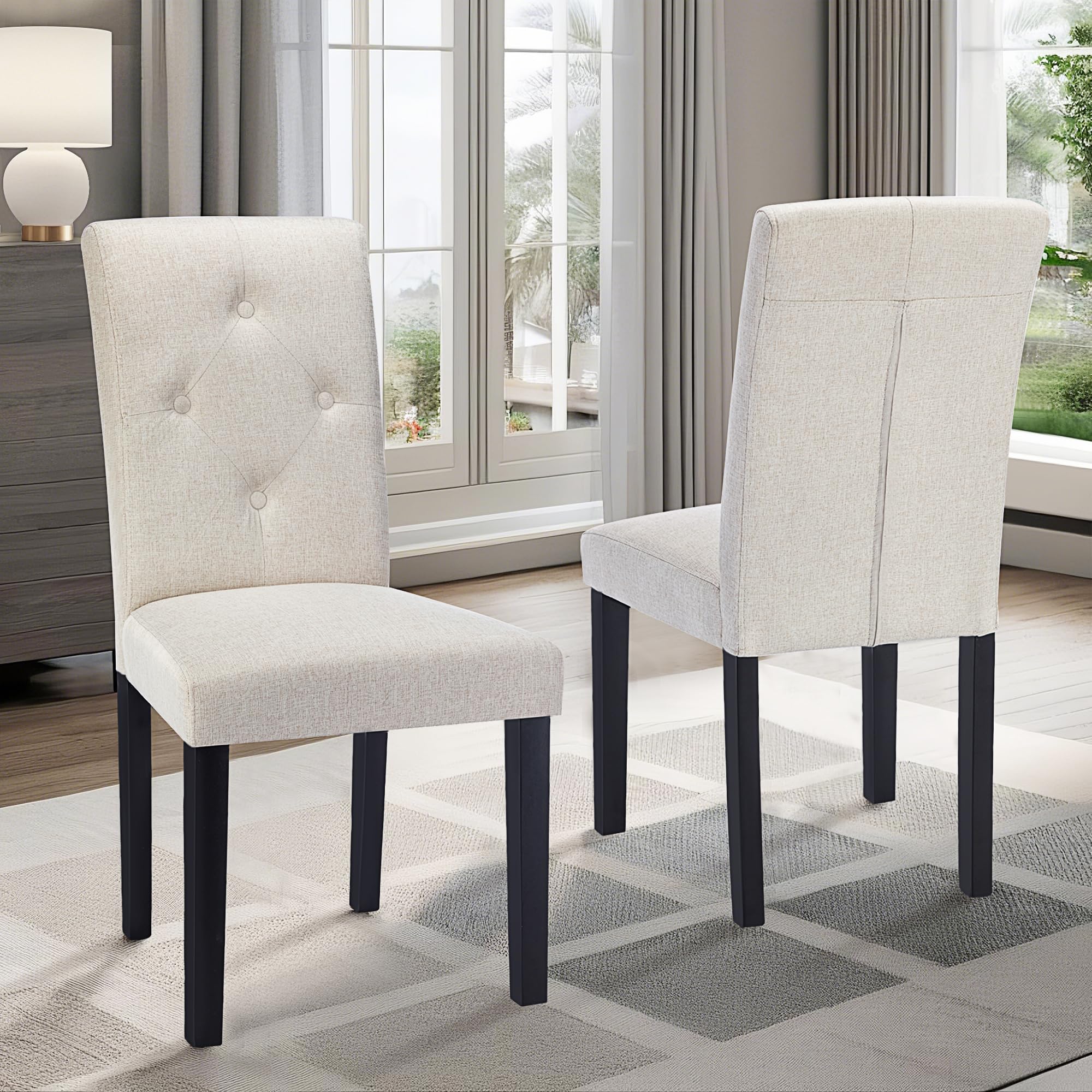 VECELO Upholstered Dining Chairs Set of 2, Modern Fabric and Solid Wood Legs & High Back for Kitchen/Living Room- Beige