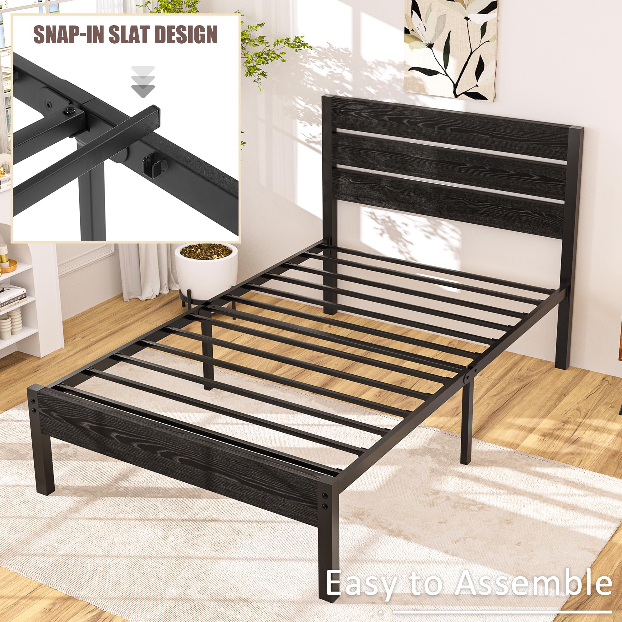 VECELO Twin Bed Frame with Wood Headboard and Footboard, Platform Mattress Foundation, Strong Metal Slats Support, No Box Spring Needed