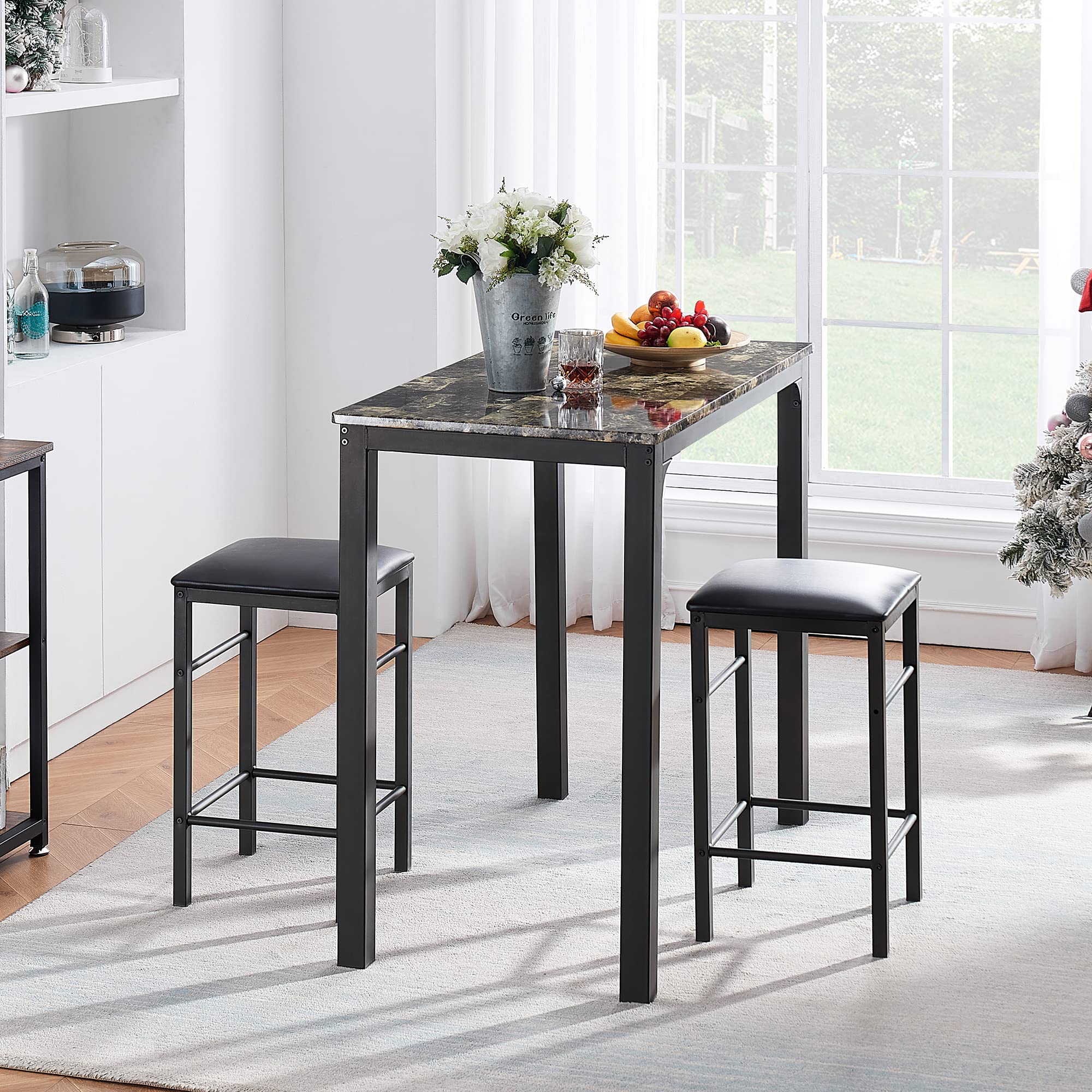 VECELO Bar Table Stools, 3 Pieces Rectangular Kitchen Height Pub Tabletop Living Party Room Bistro, Dining Set for 2, Retro Blk